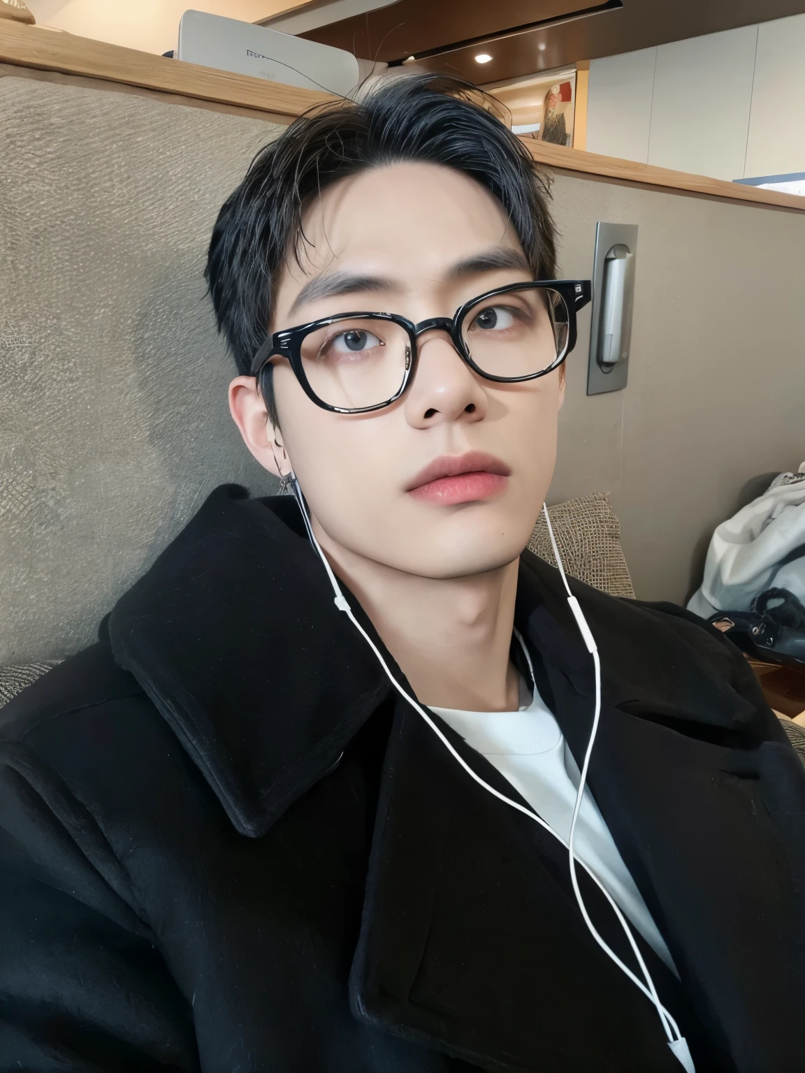 there is a man in glasses and a coat with headphones, homem sul-coreano, taehyung kim, taehyung, brilhante da chuva, hyung tae kim, kim taehyung with glasses, Ulzzang masculino, Hyung Tae Kim, Hyung Tae Kim
