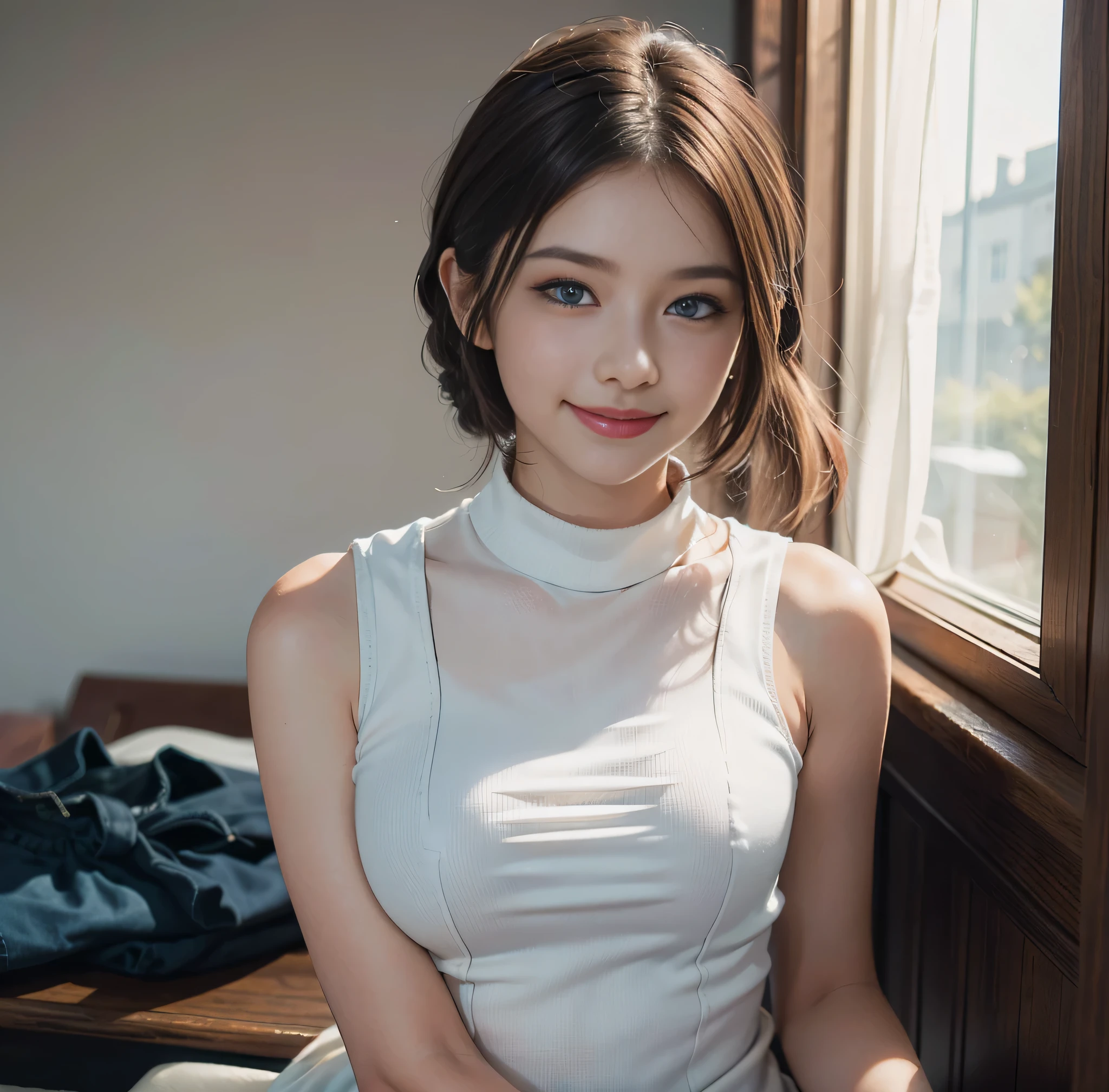 highest quality, 8K quality, masterpiece, (Professional lighting without shadows), (one woman:18-year-old:smile), (perfect body and firm chest:1.3:), radiant white skin, (Bright and beautiful blue eyes with plump red tear bags reflect a lot of light.....:1.2)、 {(She is wearing a bright colored sleeveless turtleneck micro mini dress.:nipple)}, (), (turn towards me、Please show me your firm chest through your clothes.....:1.2), (from the knees up:1.3), (standing like a model),