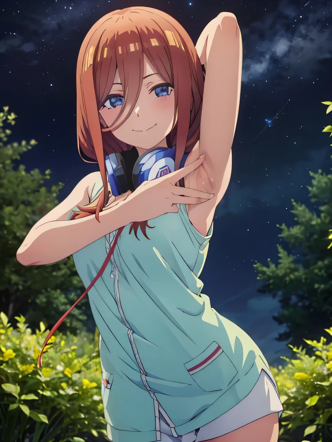 solo, 1girl, looking at viewer, 2D, anime, anime coloring, high quality, closed mouth, solo, cowboy shot, night sky, forest, arms behind head, contrapposto, shy smile, spread armpits, miku nakano, cardigan, headphones around neck, looking at viewer, smile