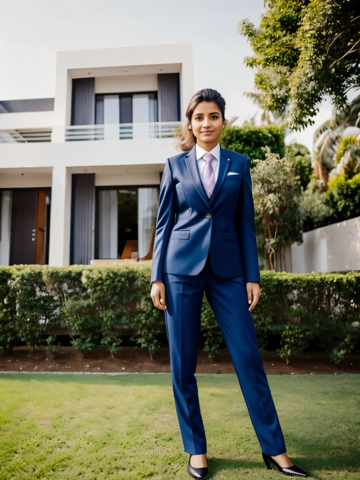 A portrait view of cute female, wearing formal working suits, a modern house in background 