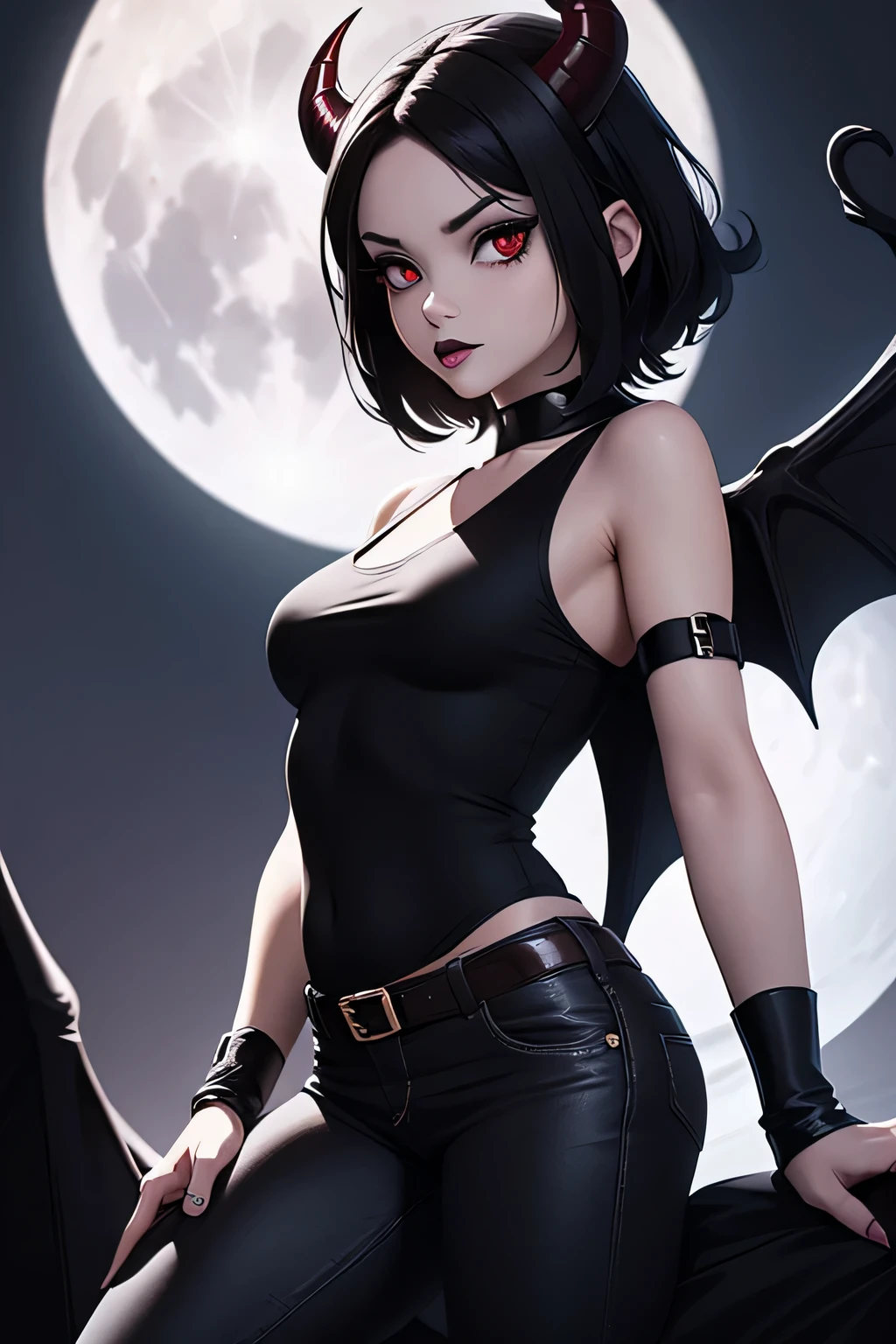 ((Masterpiece)) ((High Quality)) ((Perfect Face)) ((red Eyes)) ((Beautiful)) ((Young Goth Woman)) ((Black Hair)) ((Light Skin)) (((Small Breasts))) (( Body)) ((Tight Black Jeans)) ((Black tank top)) ((Black Lipstick)) ((Dark eye make-up)) ((Button Nose)) ((Night Time)) ((Full Moon)) ((Spooky)) ((Demon Horns)) ((Black Leathery Wings))