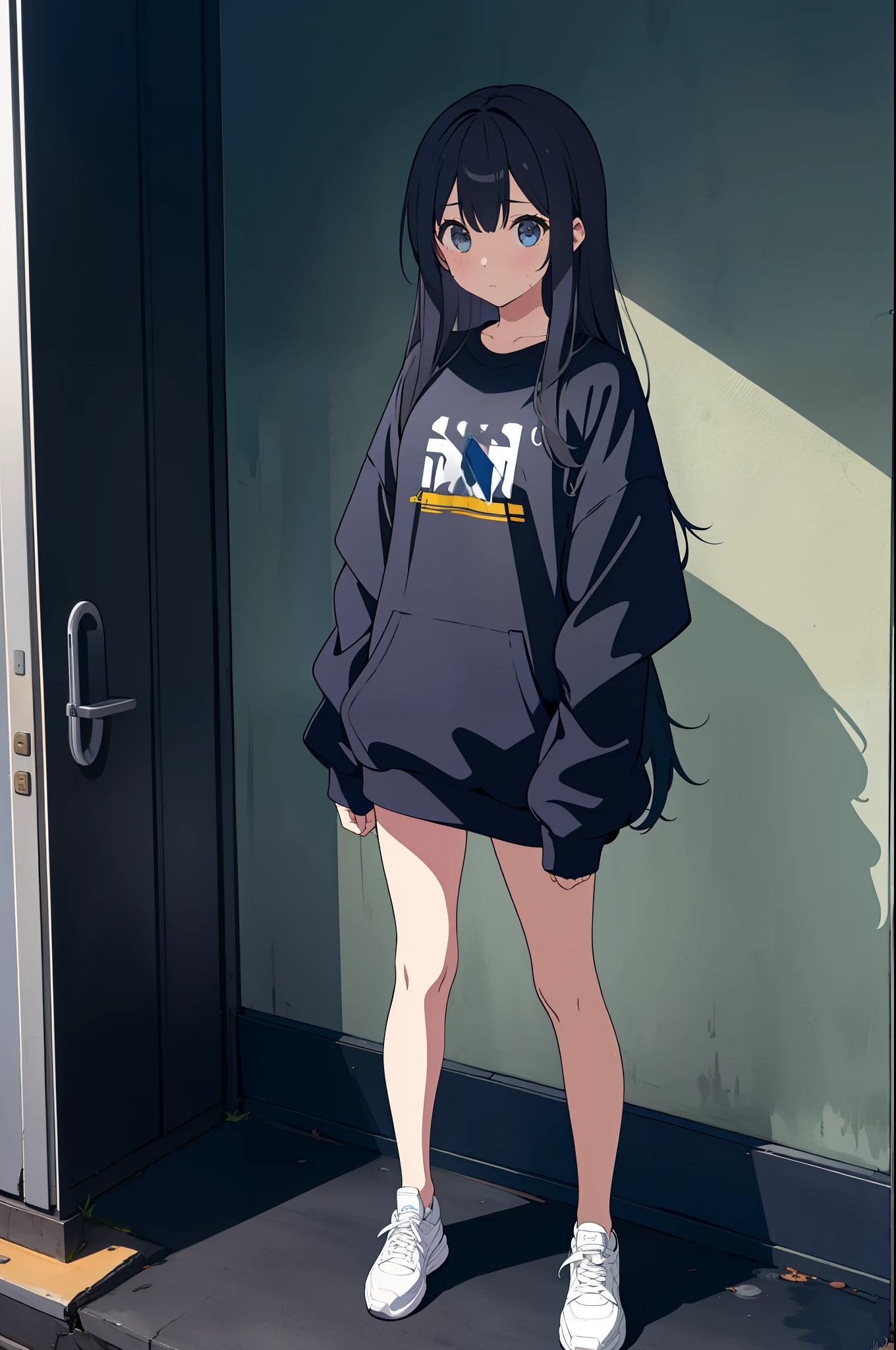 1girl,standing,shy,from front,long hair,best quality,masterpiece,full body,wearing sweat shirt