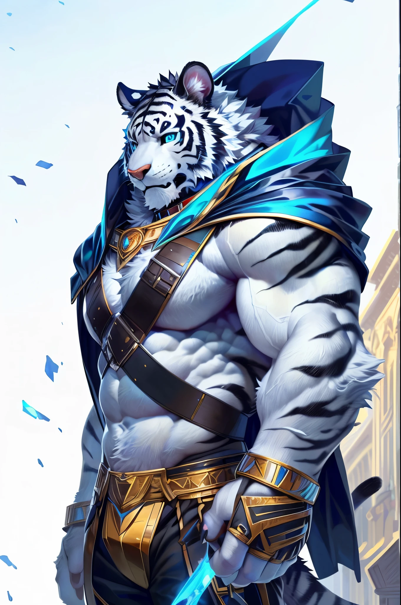 solo, anthro, furry, furry male, tiger, ((fluffy fur, fluffy, furry body)), (tiger print), White body, abs, (huge pectorals), black stripes, glowing light blue eyes, tiger tail, blue gauntlets, gold accents, gold decals, black fur collar, Large gold spike collar around neck, detailed face, detailed face, glowing rune on shoulder, battle harness, black fur cape, black fur on back, detailed eyes, full body, claws, (Icy mountain background), (by null-ghost,by raccoon21, masterpiece, high quality, hi-res,8k), standing,close-view portrait, looking at viewer, outdoor, detailed sky,
