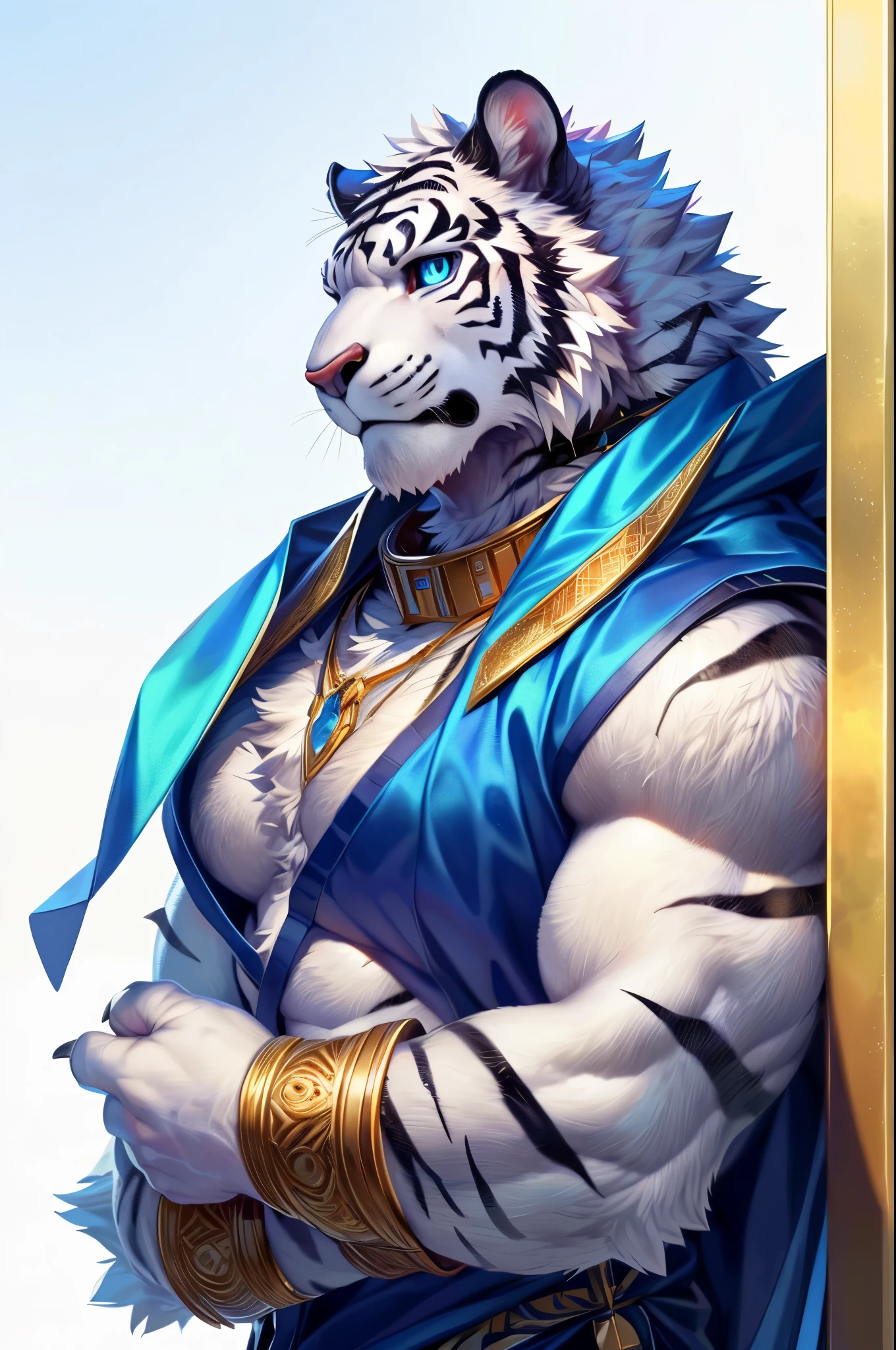 solo, anthro, furry, furry male, tiger, ((fluffy fur, fluffy, furry body)), (tiger print), White body, abs, (huge pectorals), black stripes, glowing light blue eyes, tiger tail, blue gauntlets, gold accents, gold decals, black fur collar, Large gold spike collar around neck, detailed face, detailed face, glowing rune on shoulder, detailed eyes, full body, claws, (Icy mountain background), (by null-ghost,by raccoon21, masterpiece, high quality, hi-res,8k), standing,close-view portrait, looking at viewer, outdoor, detailed sky,