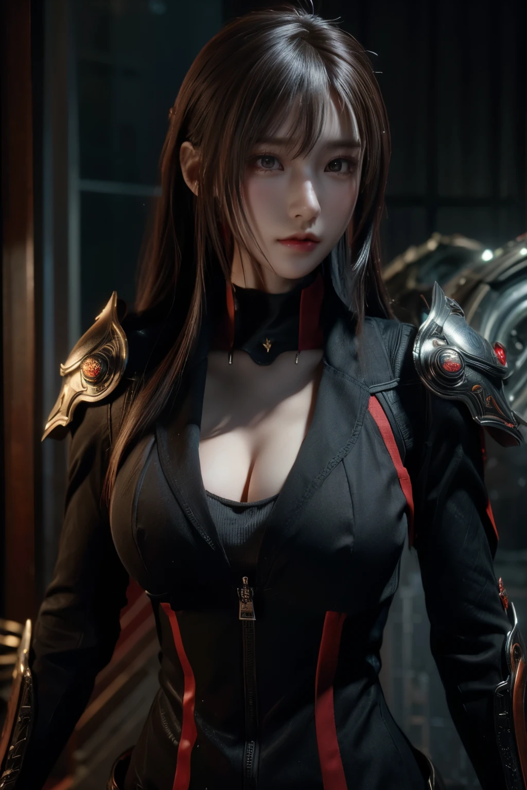 Masterpiece,Game art,The best picture quality,Highest resolution,8K,(A bust photograph),(Portrait),(Head close-up),(Rule of thirds),Unreal Engine 5 rendering works,(Digital Photography),
20 year old girl,Short hair details,With long bangs,(The red eye makeup is very meticulous),(White with short haiery red eyes,(Large, full breasts),Elegant and noble,Brave and charming,
(A futuristic combat suit combining medieval fantasy,Open coat,Joint Armor,Weapons accessories,Costumes are rich in detail),Cyberpunk figures,Simple background
Movie lights,Ray tracing,Game CG,((3D Unreal Engine)),OC rendering reflection pattern