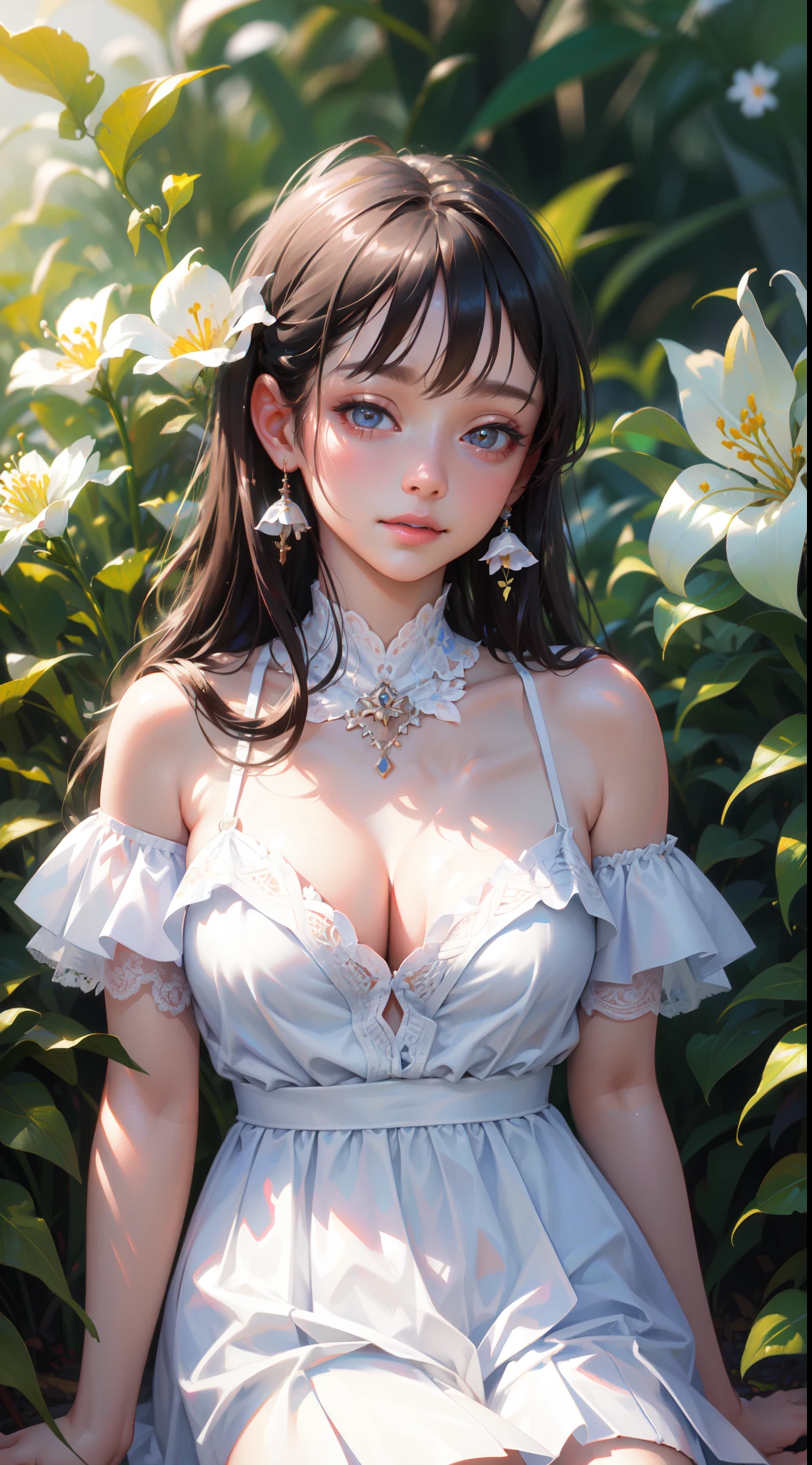 Best quality, masterpiece, ultra high res, (photorealistic:1.4), raw photo, 1girl, white dress, off shoulder, blossom flower field, glowing skin, light smile