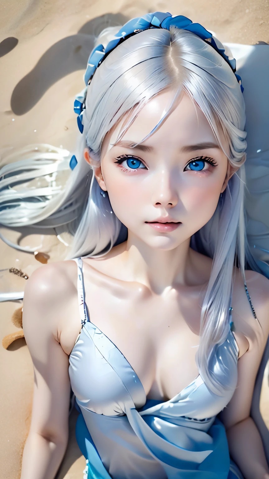 1 girl、 masterpiece, , 8k, Super detailed, 、because I&#39;thin、(flat body:1.34)、cute、downward 、, silver hair, blue eyes, detailed beautiful face, , ,very realistic photo, ,,((lying on the beach))、(shot from above:1.23)、upper shot