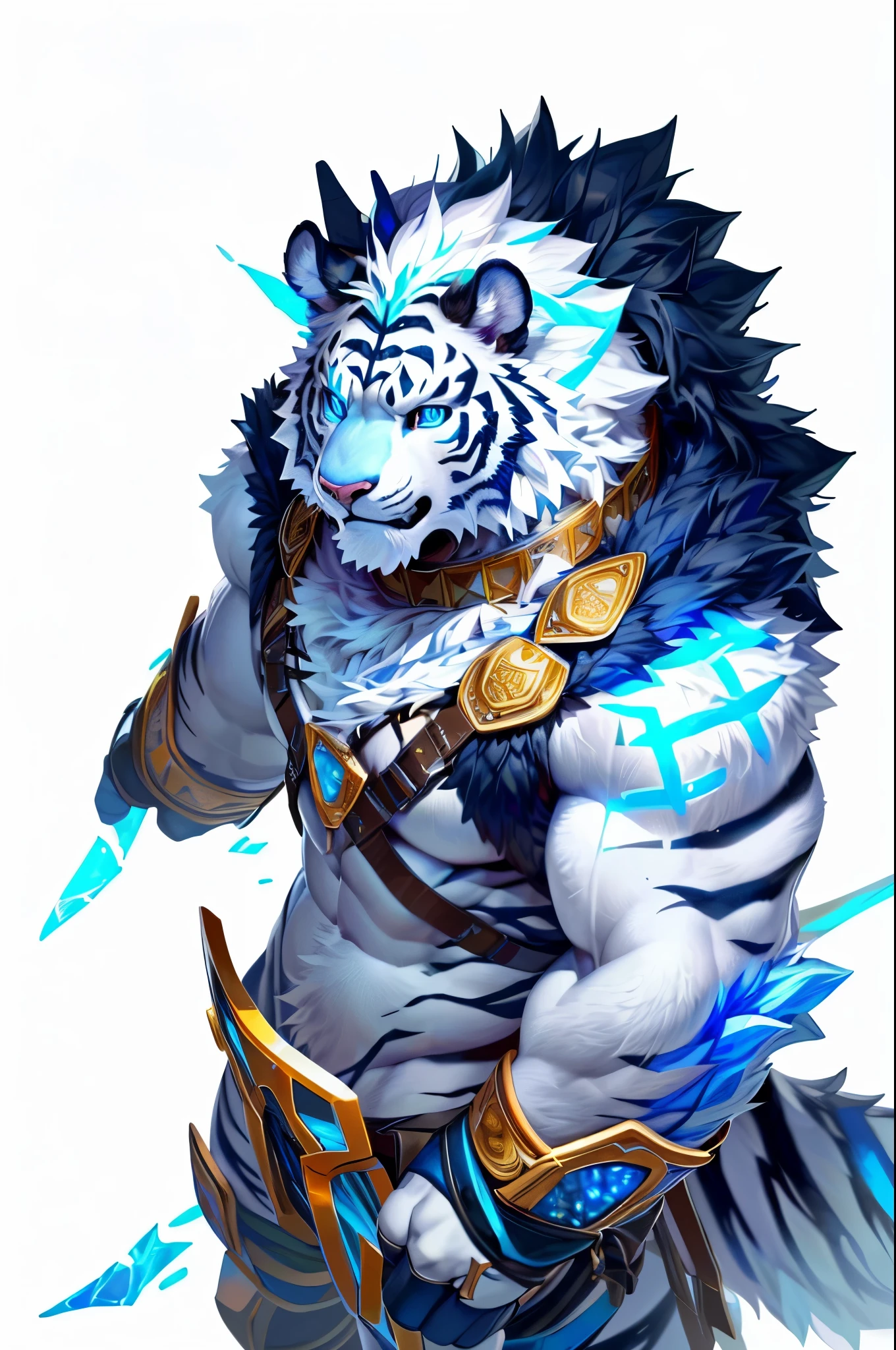 solo, anthro, furry, furry male, tiger, ((fluffy fur, fluffy, furry body)), (tiger print), White body, abs, (huge pectorals), black stripes, glowing light blue eyes, tiger tail, blue gauntlets, gold accents, gold decals, black fur collar, Large gold spike collar around neck, detailed face, detailed face, glowing rune on shoulder, battle harness, black fur cape, black fur on back, detailed eyes, full body, claws, (Icy mountain background), (by null-ghost,by raccoon21, masterpiece, high quality, hi-res,8k), standing,close-view portrait, looking at viewer, outdoor, detailed sky,