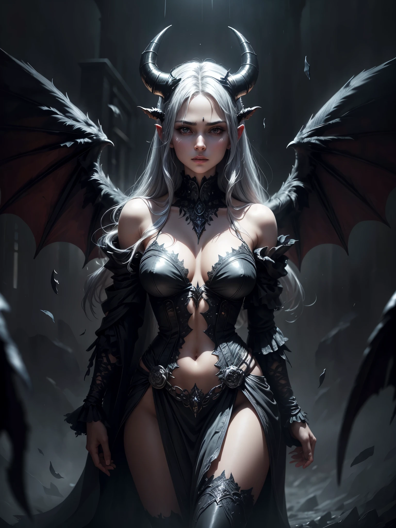 masterpiece, best quality, extremely detailed, hyperrealistic, photorealistic, a beautiful demon woman, demon horn, moody lighting:1.3, nightmarish, mystical fog, smoke, rainy night, large wings with ragged black feathers behind shoulders, silver hair, black demonic robe:1.1, dramatic posing