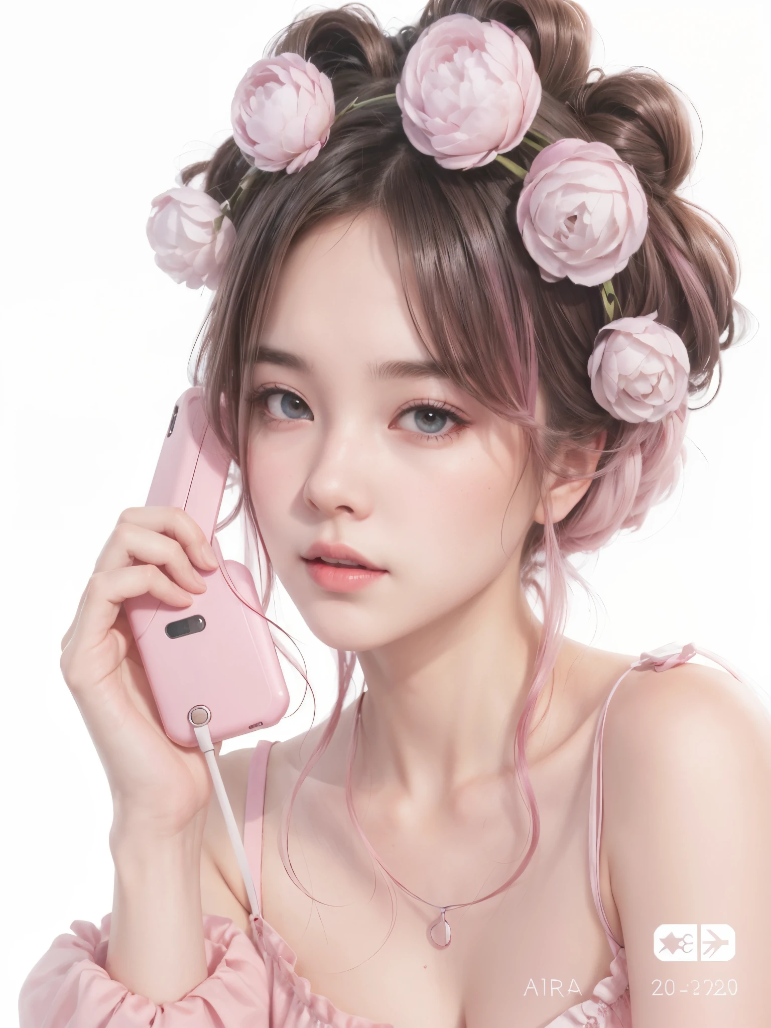 there is a woman with pink hair holding a pink phone, obra de arte al estilo de guweiz, inspirado en Yanjun Cheng, guweiz, Retrato realista kawaii, adorable pintura digital, guweiz en pixiv artstation, yanjun chengt, obra maestra de guweiz, Guweiz en ArtStation Pixiv, lindo arte digital