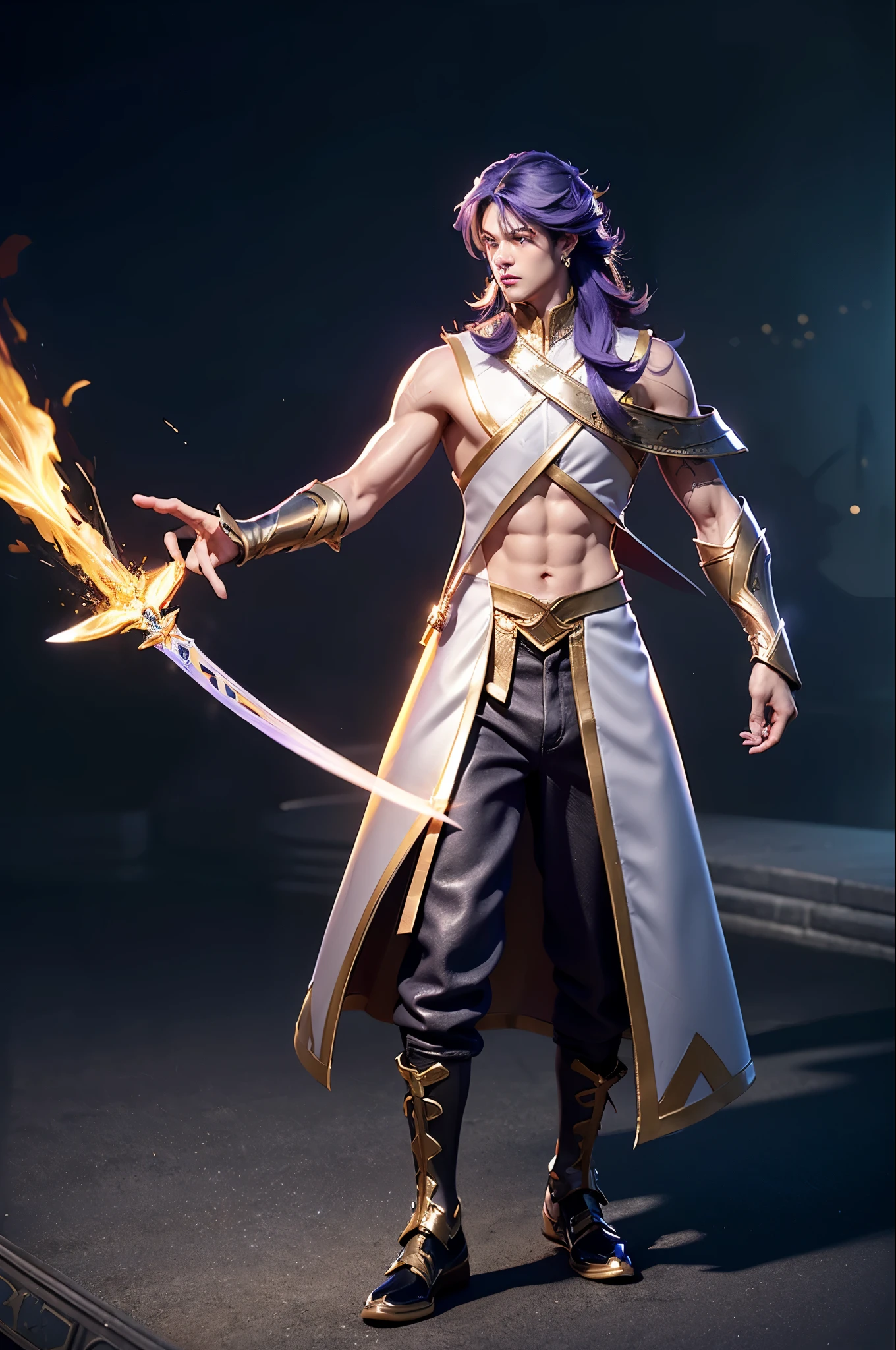 (masterpiece),((ultra-detailed)), (highly detailed CG illustration),(expressionless), (best quality:1.2),Number 1 handsome guy in the world, handsome Asian guy,bright, solo, long hair, simple background, gloves, 1boy, hair between eyes, jewelry, yellow eyes, purple hair, multicolored hair, male focus, earrings, boots, pants, fingerless gloves, tattoo, arm tattoo, armor, long sleeves, coat, bare shoulders, shoes, blue footwear, realistic, (normal background), holding sword, holding weapon, weapon, sword,The shirt between the chest and abdomen was torn, and the clothes were torn,Big muscles and firm 6-pack abs,wielding a sword and spear of golden lightning light.