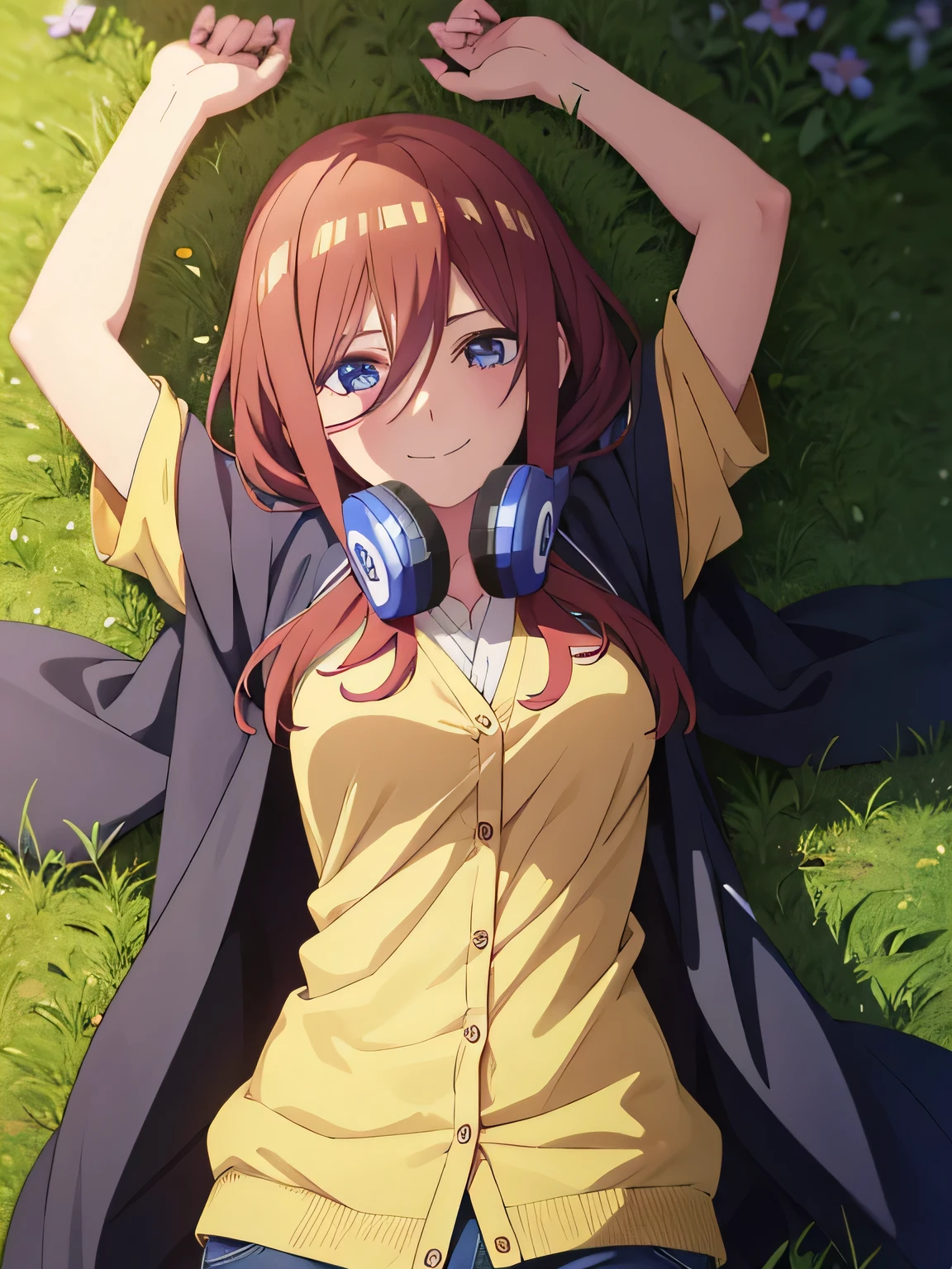 solo, 1girl, looking at viewer, 2D, anime, anime coloring, high quality solo, cowboy shot, lying, on back, on grass, spread arms, shy smile, arms up, closed mouth, miku nakano, cardigan, headphones around neck, looking at viewer, smile