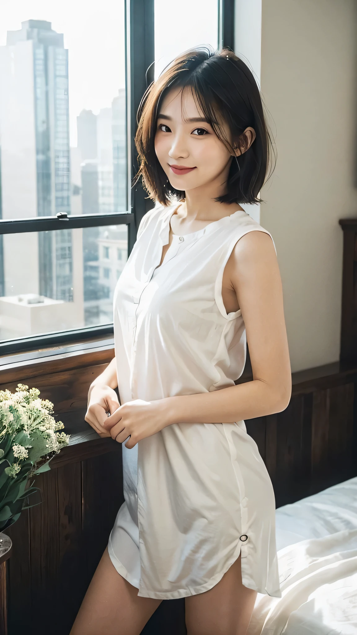 20代前半のlikeい女性を想像してください, Soft, A round face that exudes gentle charm. Her hair is cut into a neat bob that is swept just above her shoulders, Frame your face with subtle waves that catch the light. Women's eyes are alive with a sparkle of joy, her lips curled with satisfaction, gentle smile. she is wide々I'm sitting in my bedroom, The morning sun is shining through the large window next to her., Radiate a warm glow、like々Enhances beautiful skin.
She is wearing a crisp white shirt dress, Buttoned properly in front, Hem ends at mid-thigh, Proposing relaxing yet stylish homeware. The fabric has a silky shine, Suggest software, Comfortable material perfect for relaxing indoors. her attitude is casual, While placing one hand gently on your waist, the other is lightly touching the edge of a dark wooden bed frame, Contrast with light-colored bedding that is rumpled from a night's rest.
after her, You can see the cityscape from the window, A group of skyscrapers rising against a clear blue sky. The contrast between the quiet indoors and the bustling city outdoors、A sense of personal haven amidst the hustle and bustle of city life。. In this scene、A moment of stillness、The simple elegance of a peaceful morning is condensed.。.