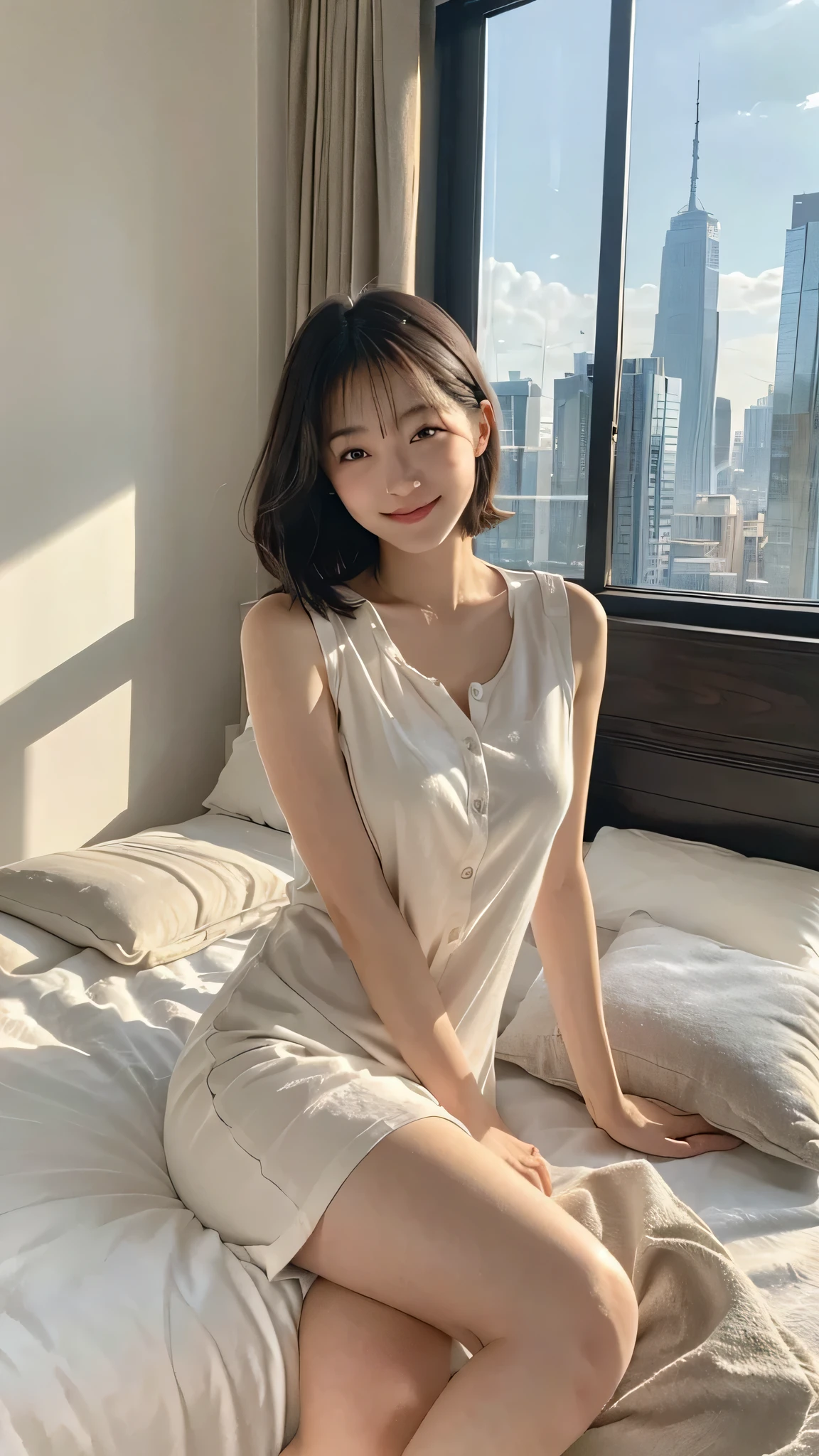 20代前半のlikeい女性を想像してください, Soft, A round face that exudes gentle charm. Her hair is cut into a neat bob that is swept just above her shoulders, Frame your face with subtle waves that catch the light. Women's eyes are alive with a sparkle of joy, her lips curled with satisfaction, gentle smile. she is wide々I'm sitting in my bedroom, The morning sun is shining through the large window next to her., Radiate a warm glow、like々Enhances beautiful skin.
She is wearing a crisp white shirt dress, Buttoned properly in front, Hem ends at mid-thigh, Proposing relaxing yet stylish homeware. The fabric has a silky shine, Suggest software, Comfortable material perfect for relaxing indoors. her attitude is casual, While placing one hand gently on your waist, the other is lightly touching the edge of a dark wooden bed frame, Contrast with light-colored bedding that is rumpled from a night's rest.
after her, You can see the cityscape from the window, A group of skyscrapers rising against a clear blue sky. The contrast between the quiet indoors and the bustling city outdoors、A sense of personal haven amidst the hustle and bustle of city life。. In this scene、A moment of stillness、The simple elegance of a peaceful morning is condensed.。.