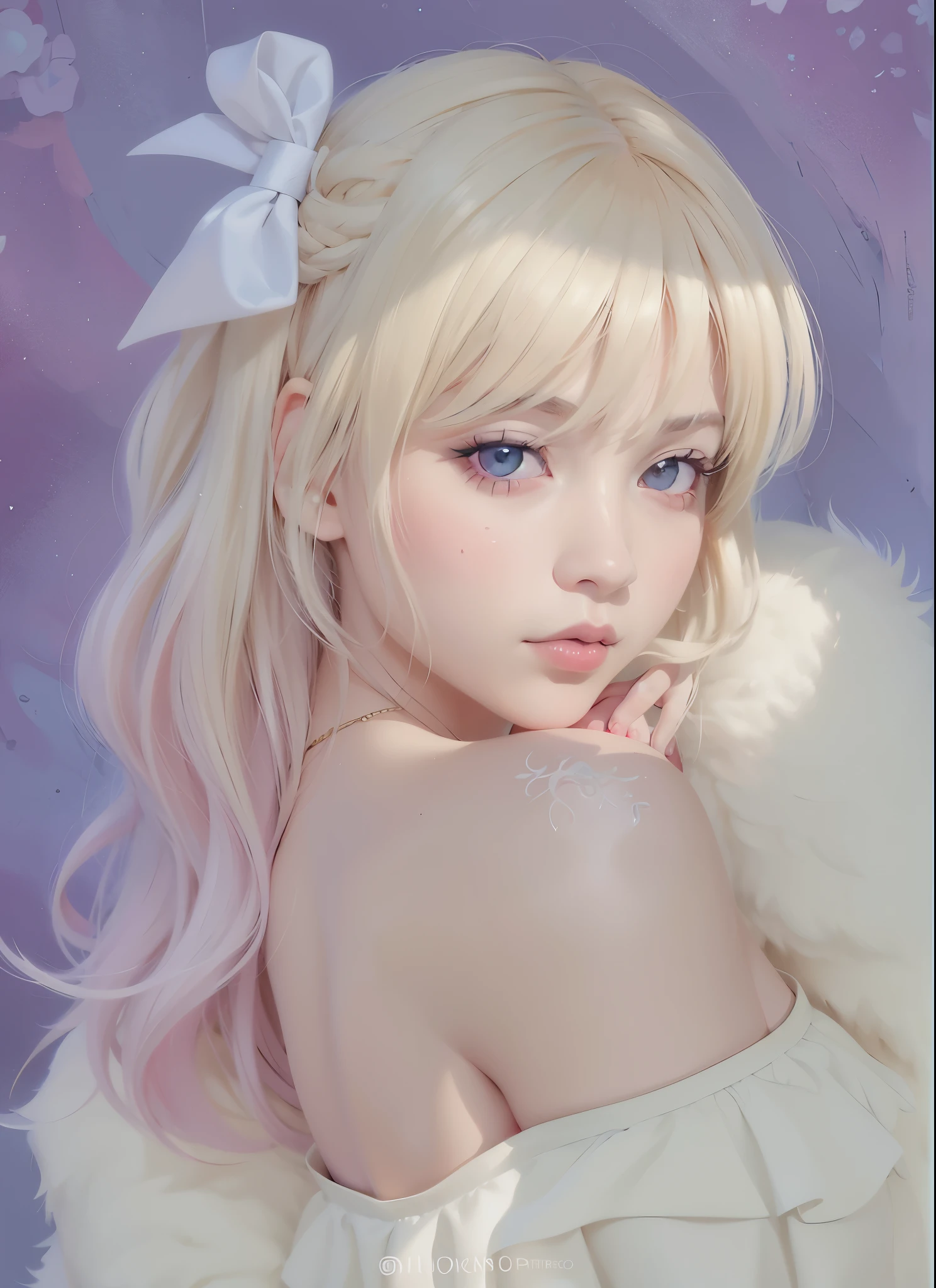 Chica de pelo rubio con abrigo de piel blanco y lazo blanco posando para una foto., obra de arte al estilo de guweiz, Retrato realista kawaii, guweiz, Guweiz en ArtStation Pixiv, guweiz en pixiv artstation, soft anime illustration, hecho con estudio de pintor anime, hermoso retrato animado, pintado en estudio de pintor anime, retrato detallado de chica anime