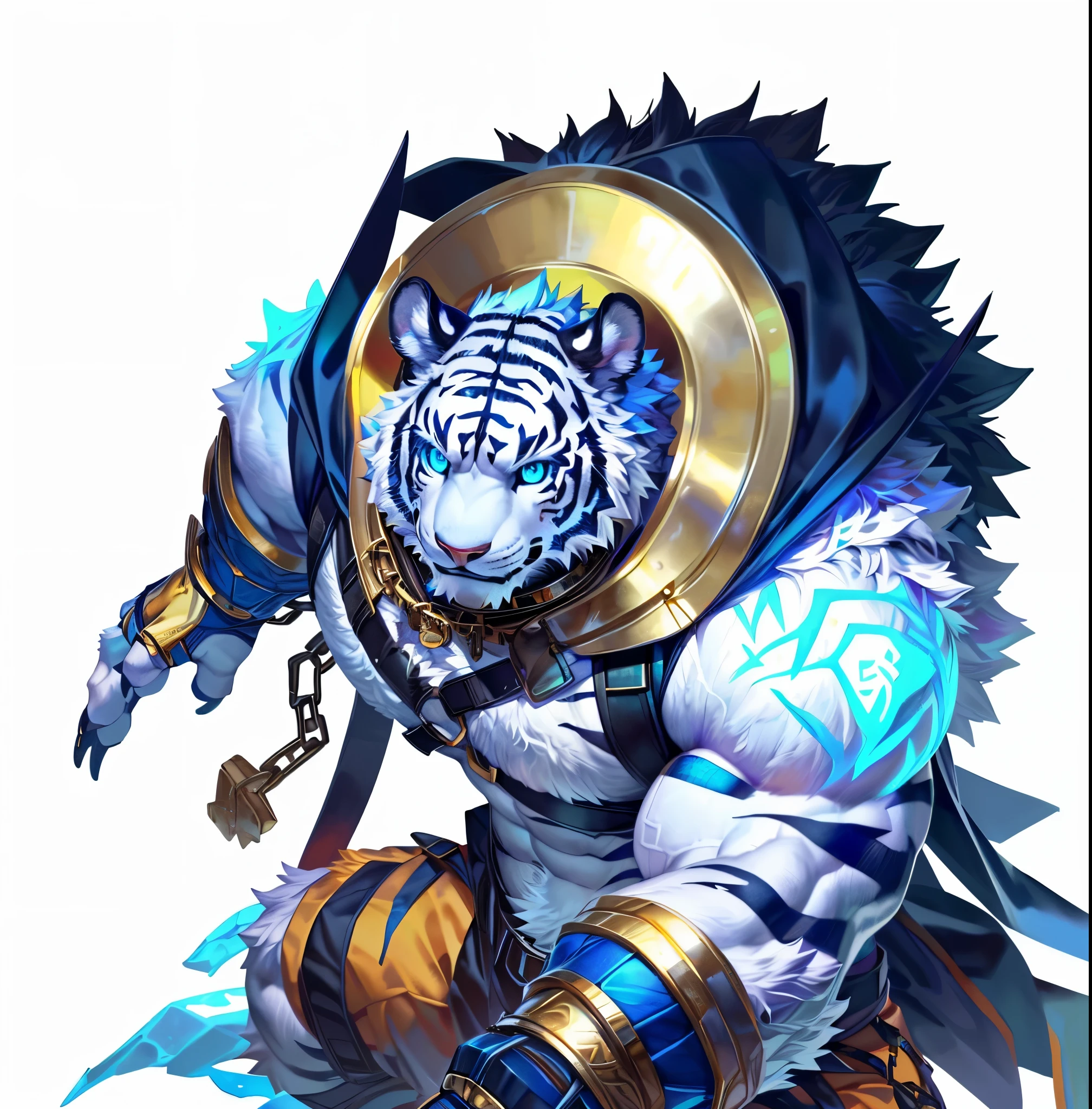 solo, anthro, furry, furry male, tiger, ((fluffy fur, fluffy, furry body)), (tiger print), White body, abs, (huge pectorals), black stripes, glowing light blue eyes, tiger tail, blue gauntlets, gold accents, gold decals, black fur collar, Large gold spike collar around neck, detailed face, detailed face, glowing rune on shoulder, battle harness, black fur cape, black fur on back, detailed eyes, full body, claws, (Icy mountain background), (by null-ghost,by raccoon21, masterpiece, high quality, hi-res,8k),close-view portrait, looking at viewer, outdoor, detailed sky, shackles, broken shackles, broken chains on shackles,