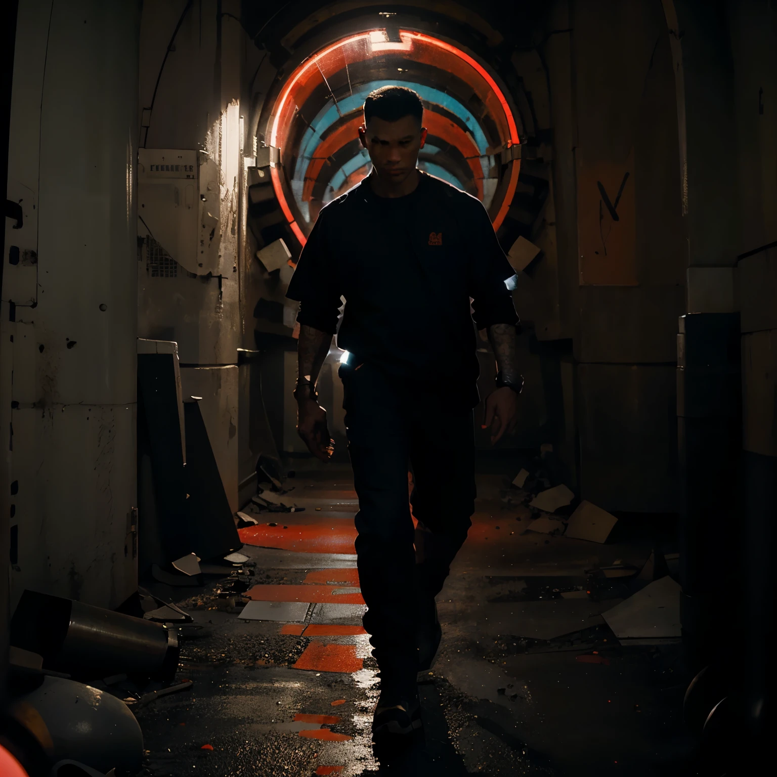 Red background, a bunch of mechanisms in the background, a man in the middle holding a gun with his arm, his other arm gone, walking down in an infinite tunnel