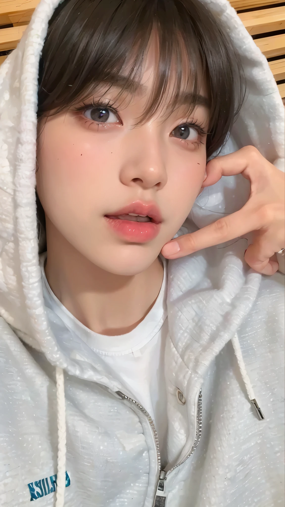best quality,ultra-detailed, highres,masterpiece:1.2),portrait,asian man with white shirt, Jimin,plump lips, Park Jimin-inspired aesthetic, swollen right eyelid of Jimin, Greek nose of Jimin, inspired by Bian Shoumin, elongated neck, vivid colors,soft lighting, perfect small nose, perfect face, expressive eyes, puppy eyes, adorable eyes, small nose, adorable eyes