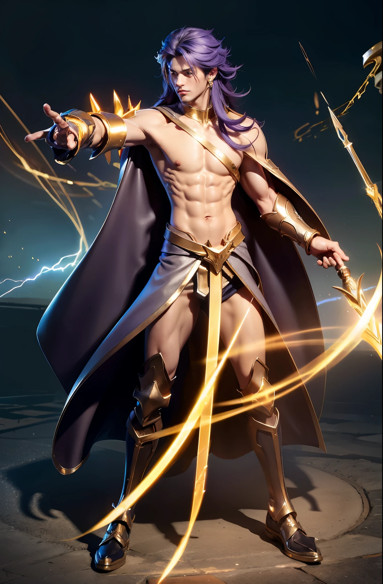 (masterpiece),((ultra-detailed)), (highly detailed CG illustration),(expressionless), (best quality:1.2),Number 1 handsome guy in the world, handsome Asian guy,bright, solo, long hair, simple background, gloves, 1boy, hair between eyes, jewelry, yellow eyes, purple hair, multicolored hair, male focus, earrings, boots, pants, fingerless gloves, tattoo, arm tattoo, armor, long sleeves, coat, bare shoulders, shoes, blue footwear, realistic, (normal background), holding sword, holding weapon, weapon, sword,The shirt between the chest and abdomen was torn, and the clothes were torn,Big muscles and firm 6-pack abs,wielding a sword and spear of golden lightning light.