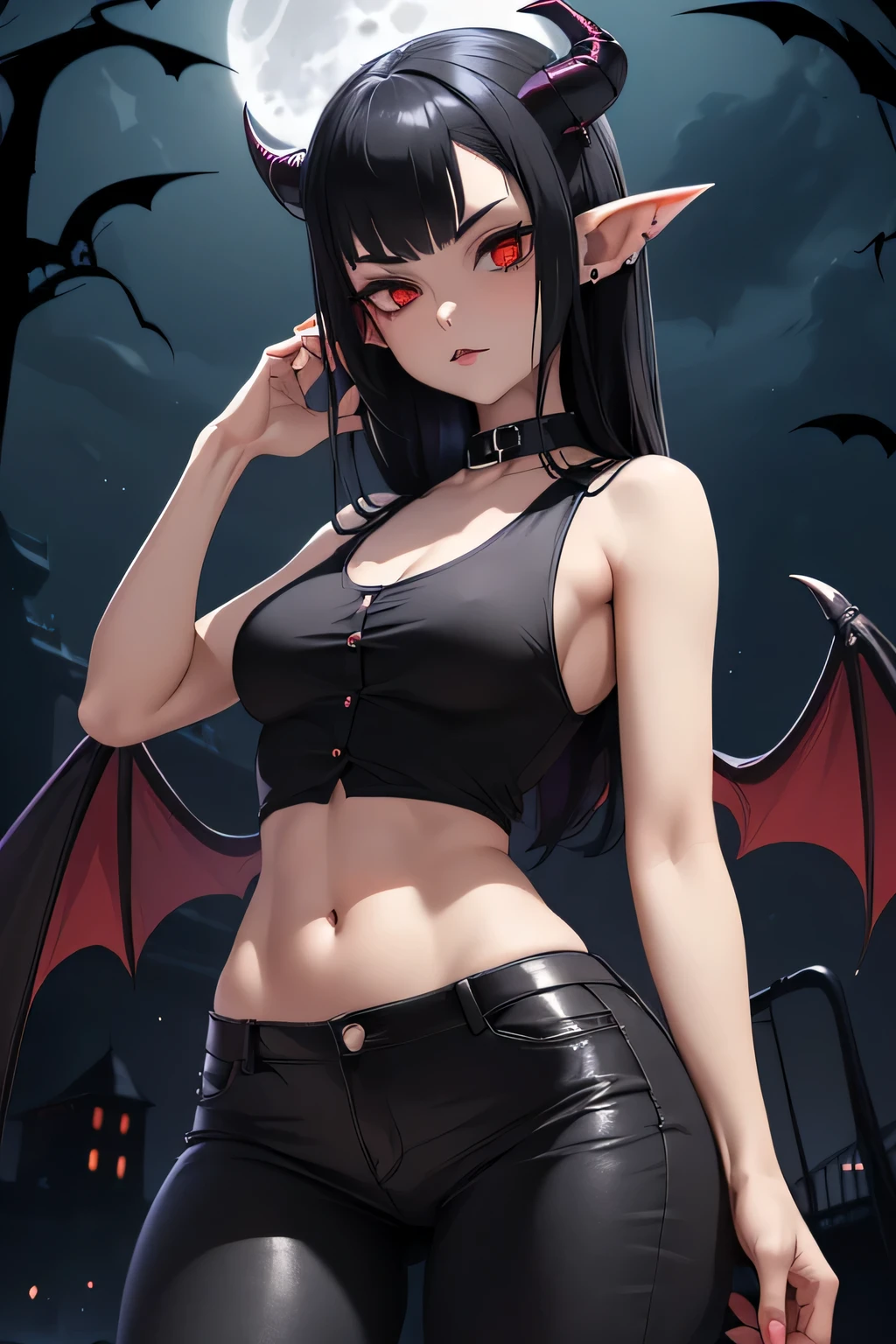 ((Masterpiece)) ((High Quality)) ((Perfect Face)) ((red Eyes)) ((Beautiful)) ((Young Goth Woman)) ((Black Hair)) ((Light Skin)) ((Small Breasts)) ((Narrow Waist)) ((Wide Hips)) ((Tight Black Jeans)) ((Black tank top)) ((Button Nose)) ((Night Time)) ((Full Moon)) ((Spooky)) ((Succubus)) ((Small Horns)) ((Black Leathery Wings)) ((Pointed Ears))