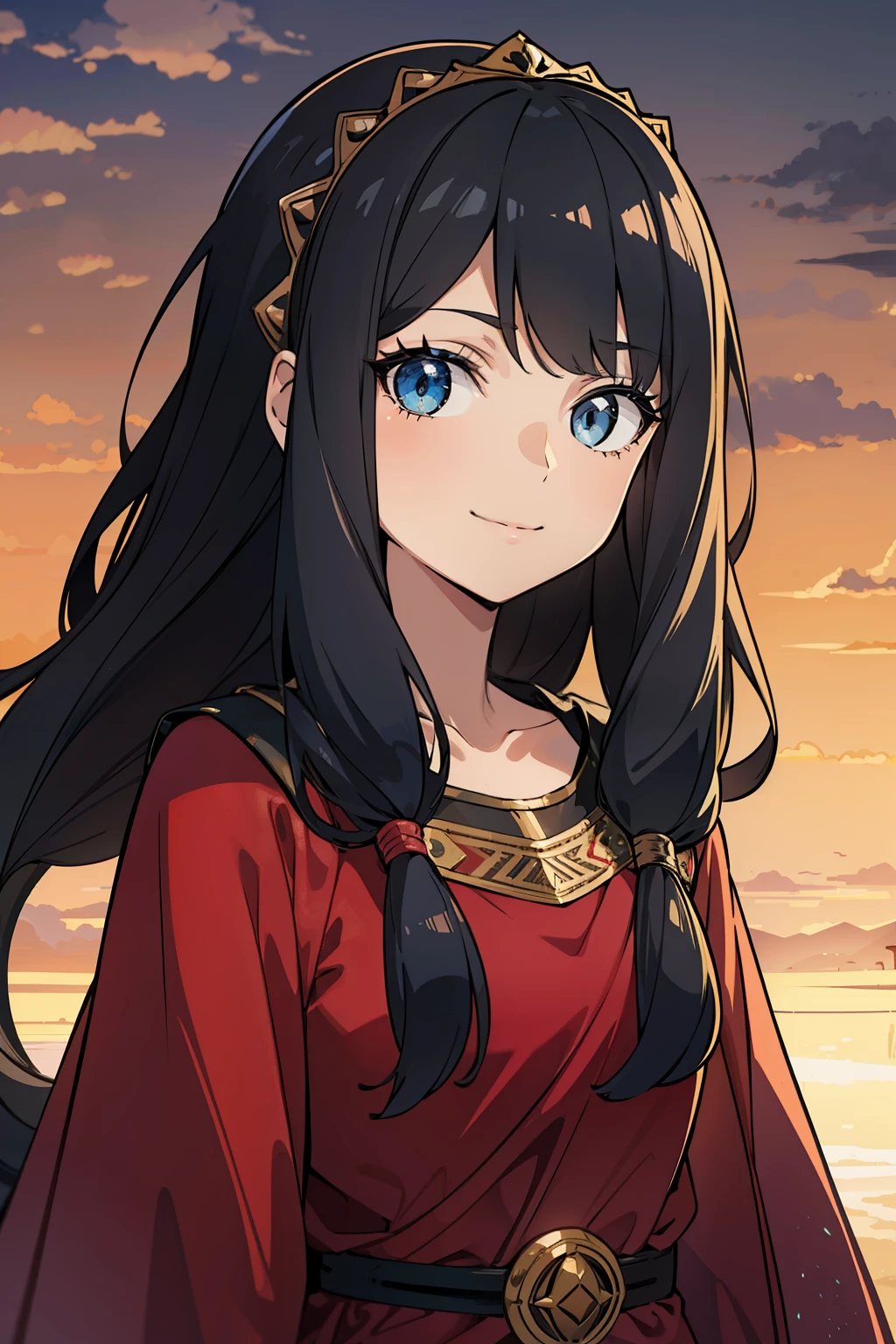 (high-quality, breathtaking),(expressive eyes, perfect face) portrait, 1girl, female, solo, adolescent, , black hair, pink eye color, long hair length, soft wavy hair, gentle smile, loose hair, side bangs, looking at viewer, portrait, happy expression, fantasy clothing, elegant, mature, height 5", medieval attire, warlock class, short height
