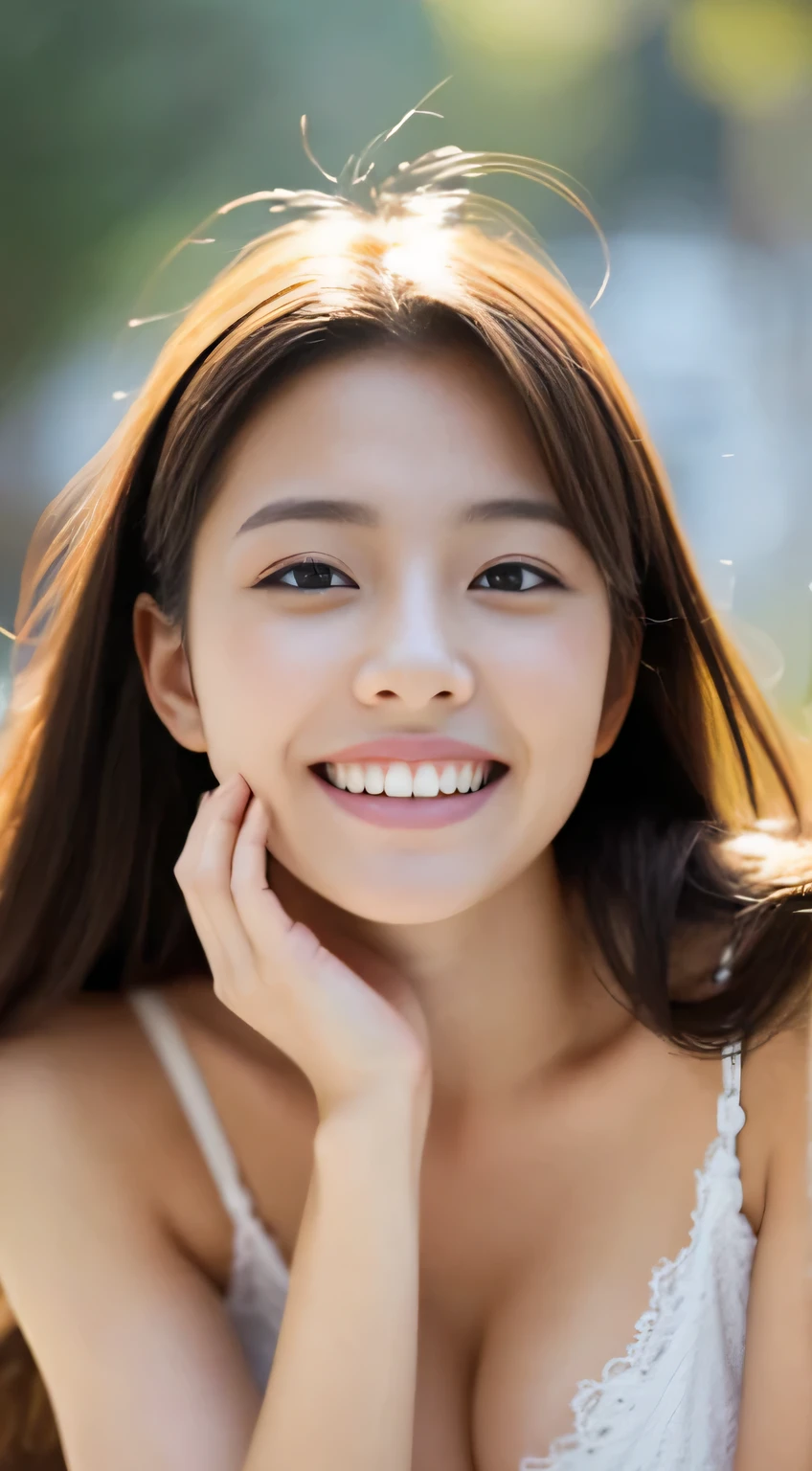 Japanese ),((beautiful girl)),cleavage,An expression that imagines something pleasant:1.2,(perfect body beauty:1.2),((perfect body)),(shy smile),beautiful teeth,