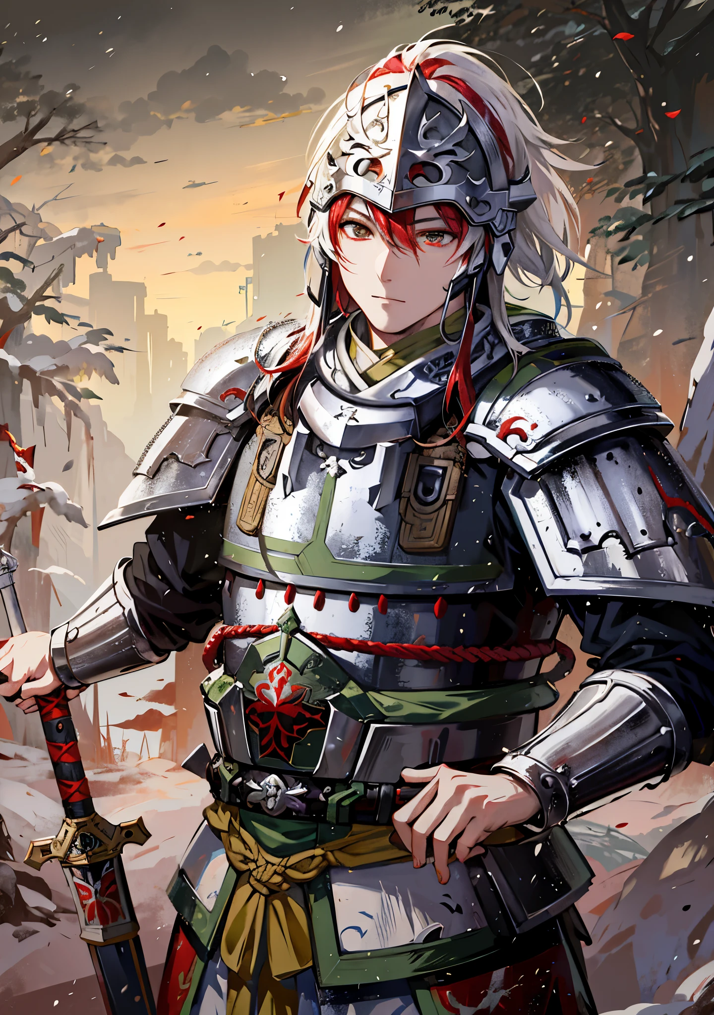 Anime character holding sword and armor in snowy mountain environment, Zhao Yun, Handsome guy in the art of slaying demons, white and red helmet, G Liulian art style, armored warrior, 4k comic wallpaper, bian lian, armored warrior, Three Kingdoms style,Ancient Chinese Phoenix