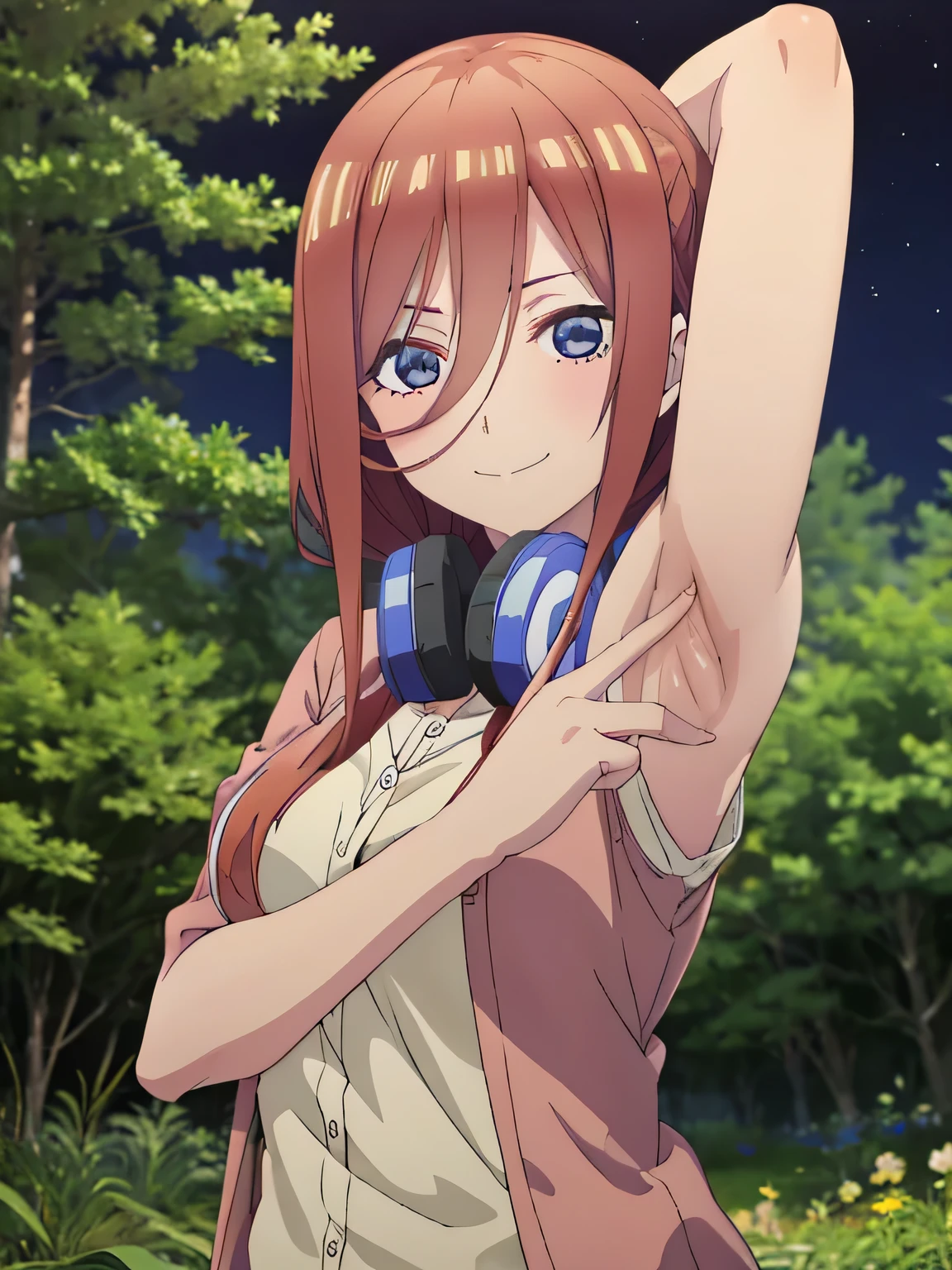 solo, 1girl, looking at viewer, 2D, anime, anime coloring, high quality, closed mouth, solo, upper body, night sky, forest, arms behind head, contrapposto, shy smile, spread armpits, miku nakano, cardigan, headphones around neck, looking at viewer, smile