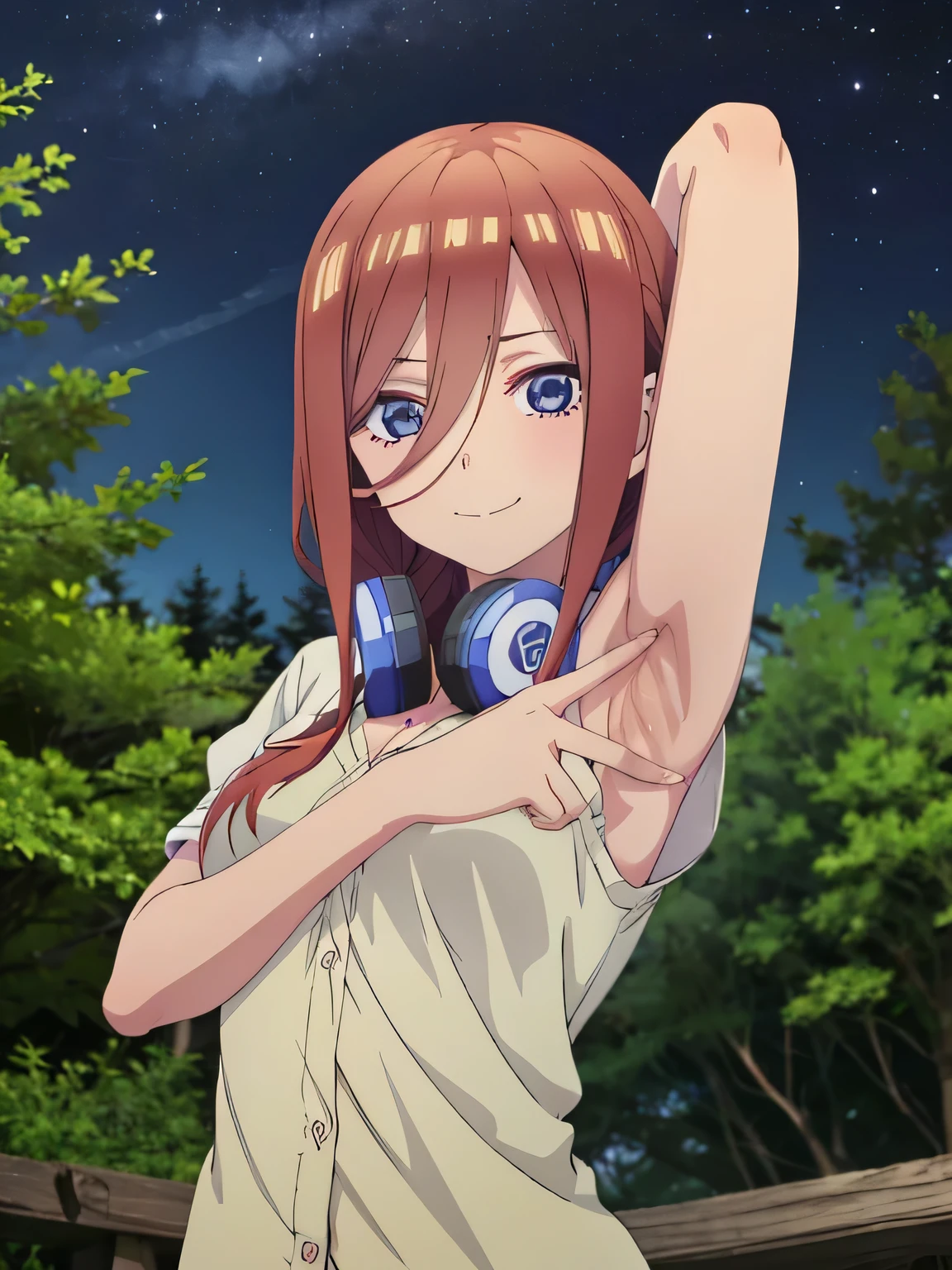 solo, 1girl, looking at viewer, 2D, anime, anime coloring, high quality, closed mouth, solo, upper body, night sky, forest, arms behind head, contrapposto, shy smile, spread armpits, miku nakano, cardigan, headphones around neck, looking at viewer, smile