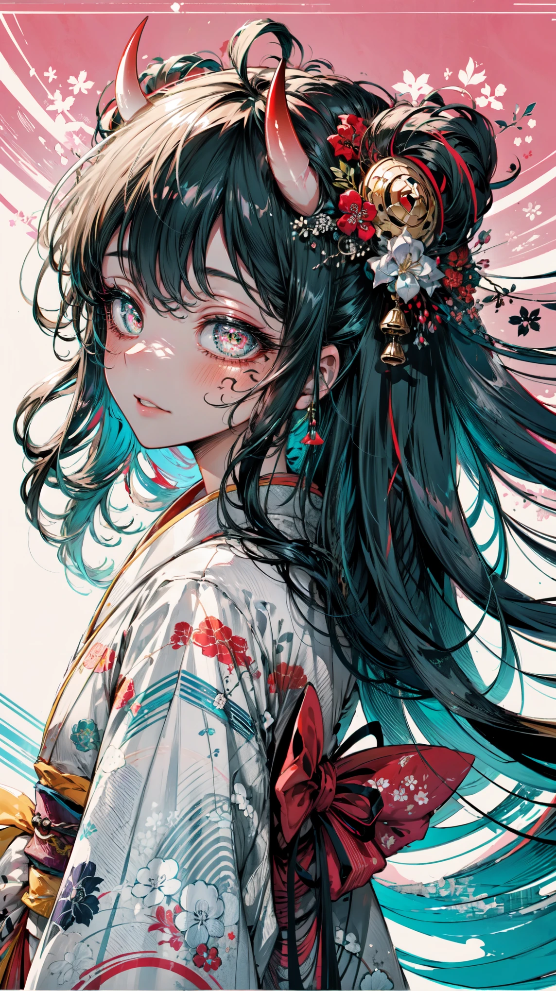 best quality,masterpiece,intricate details:1.2,beautiful face,ukiyoe,1girl,a girl in patterned kimono,look at viewer:1.3,face tattoo:1.2,small oni horn