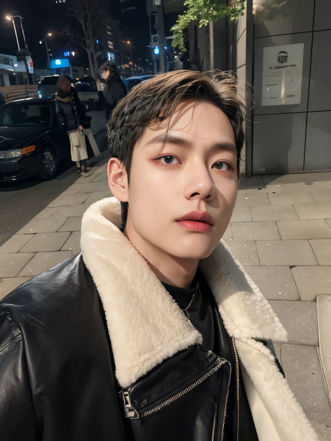 sharp man in a black jacket and white fur coat standing on the sidewalk, brilhante da chuva, taehyung, homem sul-coreano, profile picture with headshot, Kim taehyung, taehyung kim, hyung tae kim