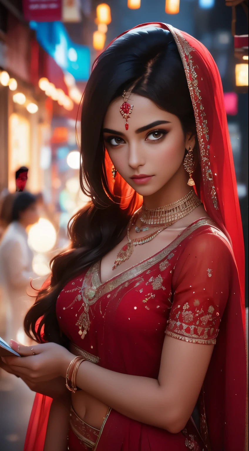 In the bustling streets of a vibrant Indian city, amidst the kaleidoscope of colors and scents, a woman (((Anne Hathaway: Selena Gomez:0.6))) clad in a vibrant red saree and a black blouse becomes an ethereal sight that captivates all who lay eyes upon her. Her undeniable beauty transcends time and space, leaving onlookers spellbound.
Describe the scene as the woman, with her graceful presence, glides through a crowded marketplace, where merchants and shoppers pause to admire her radiance. Decorate the street with lights and candlee, The atmosphere is alive with whispers as her mesmerizing allure evokes a sense of awe and admiration. Fire works behind
Embark on a journey to reveal the woman’s story—her name, her background, her passions—and the reasons behind her choice of attire. Explore her persona, intertwining elements of mystery and allure, as people speculate on the secrets hiding behind her enchanting gaze.
Incorporate the sights, sounds, and emotions that surround this extraordinary woman, as she navigates through the city’s vibrant tapestry. Whether it be the scent of freshly ground spices, the distant sound of temple bells, or the intricate henna designs adorning her hands, immerse the reader in the sensory experience of this captivating moment.
As the story unfolds, her path intertwines with that of a curious photographer who becomes determined to capture her undeniable beauty in a single photograph. Describe their encounters, the photographer’s attempts to understand her story, and the profound impact this woman’s presence has on his own life.(Blur Background:1.6), (Blue Hue:0.8), (Auto focus:1.4)