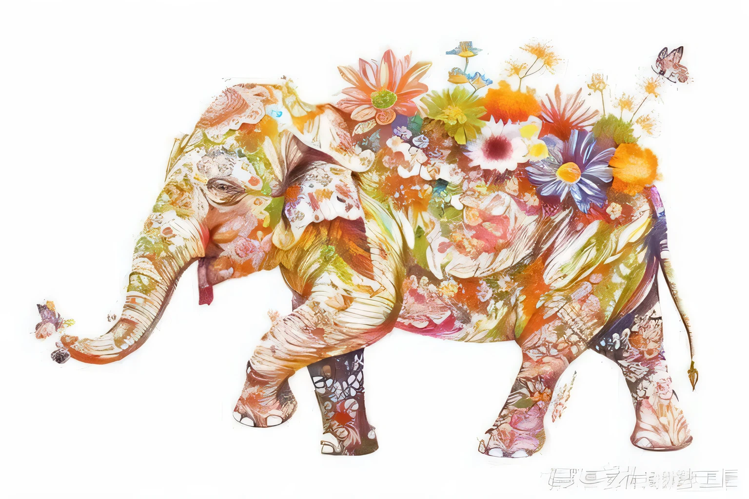brightly colored elephant with flowers and butterflies on its back, colored elephant art, beautiful artwork, author:Shiro Maki, author:Kano trip, Lovely detailed artwork, author:Yang Jie, colorful, gorgeous art, elephant, author:incredible, author:Zhu Lian, intricate artwork, beautiful art, author:Shao Mi, by Li Zai, 高度复杂且colorful