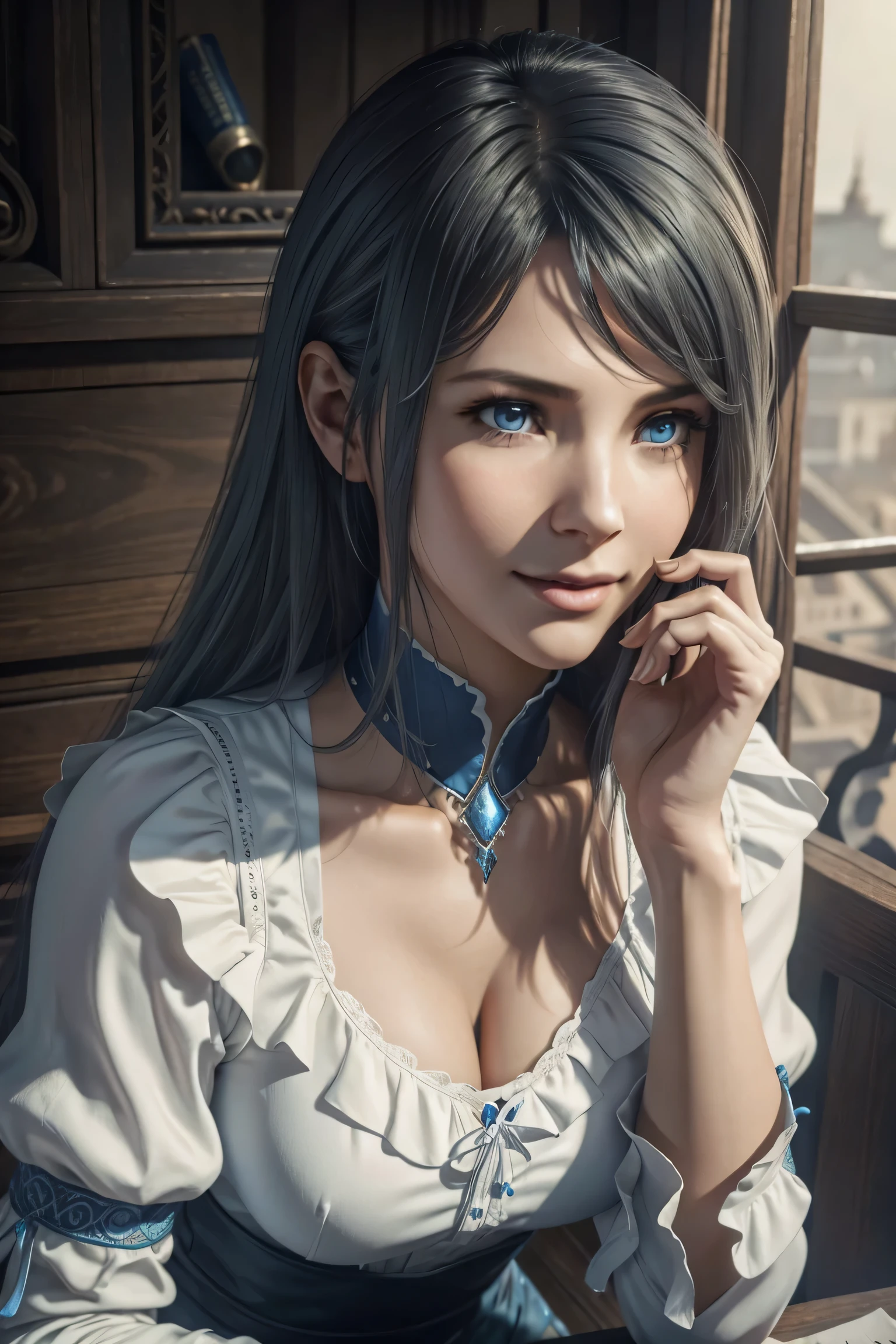 Jill Warrick,Final Fantasy 16,FF16,dark silver hair,long hair,Take down your bangs,beautiful blue eyes,white skin,white ruffle shirt,corn vest,blue ribbon around neck,super high quality,super high quality,masterpiece,digital single lens reflex,realistic,Detailed details,vivid details,depicted in detail,detailed face,Detailed details,Super detailed,realistic skin texture,based on anatomical basis,perfect anatomy,anatomically correct hand,anatomically correct fingers,Complex 3D rendering,sexy pose,beautiful tulip field,Final Fantasy Worldview,fantastic morning sun,Amazing blue sky,beauty like a painting,smile,