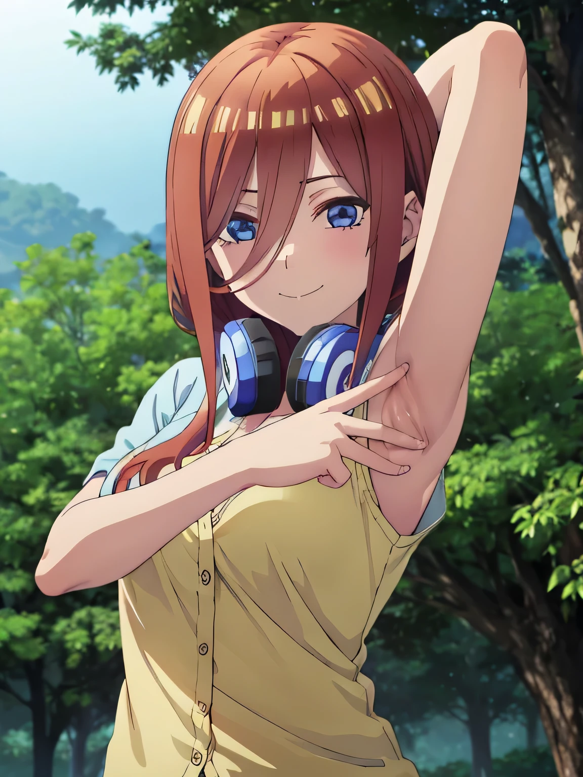 solo, 1girl, looking at viewer, 2D, anime, anime coloring, high quality, closed mouth, solo, upper body, night sky, forest, arms behind head, contrapposto, shy smile, spread armpits, miku nakano, cardigan, headphones around neck, looking at viewer, smile