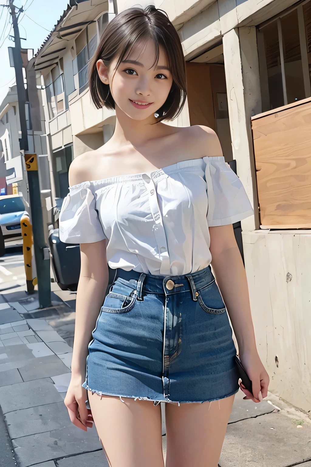 (8k,RAW photo、RAW photo、highest quality、master masterpiece:1.2)、Super detailed、super resolution、(Photoreal:1.3)、((shot the cowboy from below:1.4))、Clearly depicts the shadows of light、High resolution RAW color photos、professional photos、((On the sidewalk at midday:1.4))、((High school girl making a call on a smartphone:1.4))、I draw it faithfully to the anatomy...、((slim woman:1.4))、very detailed and beautiful、super high quality、((girl with very short hair:1.4))、beautiful girl、((A girl wearing a white short-sleeved off-shoulder shirt:1.4))、((Short sleeve white off shoulder cotton shirt:1.4))、((A woman wearing a denim miniskirt that emphasizes her thighs.:1.4))、Upper body、((girl holding a smartphone to her ear:1.4))、((smile:1.4))、