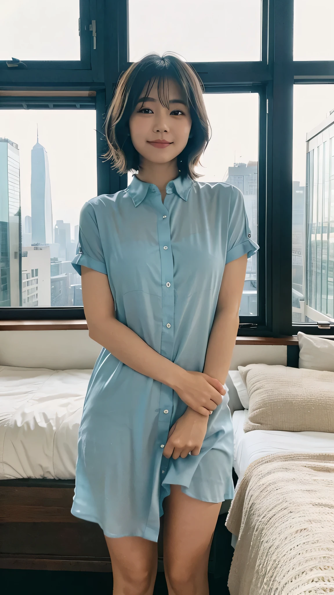 20代前半のlikeい女性を想像してください, Soft, A round face that exudes gentle charm. Her hair is cut into a neat bob that is swept just above her shoulders, Frame your face with subtle waves that catch the light. Women's eyes are alive with a sparkle of joy, her lips curled with satisfaction, gentle smile. she is wide々I'm sitting in my bedroom, The morning sun is shining through the large window next to her., Radiate a warm glow、like々Enhances beautiful skin.
She's wearing a crisp turquoise shirt dress, Buttoned properly in front, Hem ends at mid-thigh, Proposing relaxing yet stylish homeware. The fabric has a silky shine, Suggest software, Comfortable material perfect for relaxing indoors. her attitude is casual, While placing one hand gently on your waist, the other is lightly touching the edge of a dark wooden bed frame, Contrast with light-colored bedding that is rumpled from a night's rest.
after her, You can see the cityscape from the window, A group of skyscrapers rising against a clear blue sky. The contrast between the quiet indoors and the bustling city outdoors、A sense of personal haven amidst the hustle and bustle of city life。. In this scene、A moment of stillness、The simple elegance of a peaceful morning is condensed.。.