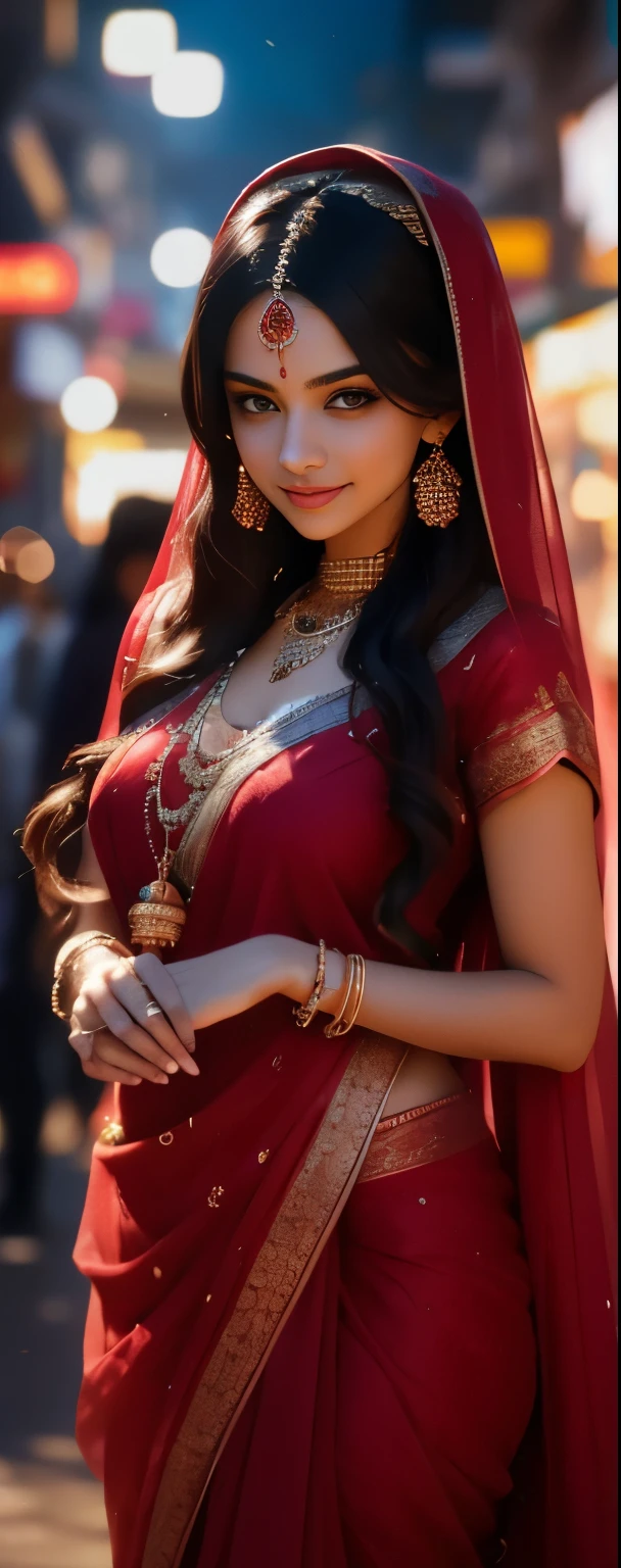 In the bustling streets of a vibrant Indian city, amidst the kaleidoscope of colors and scents, a woman (((Anne Hathaway: Selena Gomez:0.6))) clad in a vibrant red saree and a black blouse becomes an ethereal sight that captivates all who lay eyes upon her. (( huge smiling 0.3)) Her undeniable beauty transcends time and space, leaving onlookers spellbound.

Describe the scene as the woman, with her graceful presence, glides through a crowded marketplace, where merchants and shoppers pause to admire her radiance. The atmosphere is alive with whispers as her mesmerizing allure evokes a sense of awe and admiration.

Embark on a journey to reveal the woman’s story—her name, her background, her passions—and the reasons behind her choice of attire. Explore her persona, intertwining elements of mystery and allure, as people speculate on the secrets hiding behind her enchanting gaze.

Incorporate the sights, sounds, and emotions that surround this extraordinary woman, as she navigates through the city’s vibrant tapestry. Whether it be the scent of freshly ground spices, the distant sound of temple bells, or the intricate henna designs adorning her hands, immerse the reader in the sensory experience of this captivating moment.

As the story unfolds, her path intertwines with that of a curious photographer who becomes determined to capture her undeniable beauty in a single photograph. Describe their encounters, the photographer’s attempts to understand her story, and the profound impact this woman’s presence has on his own life.(Blur Background:1.6), (Blue Hue:0.8), (Auto focus:1.4)