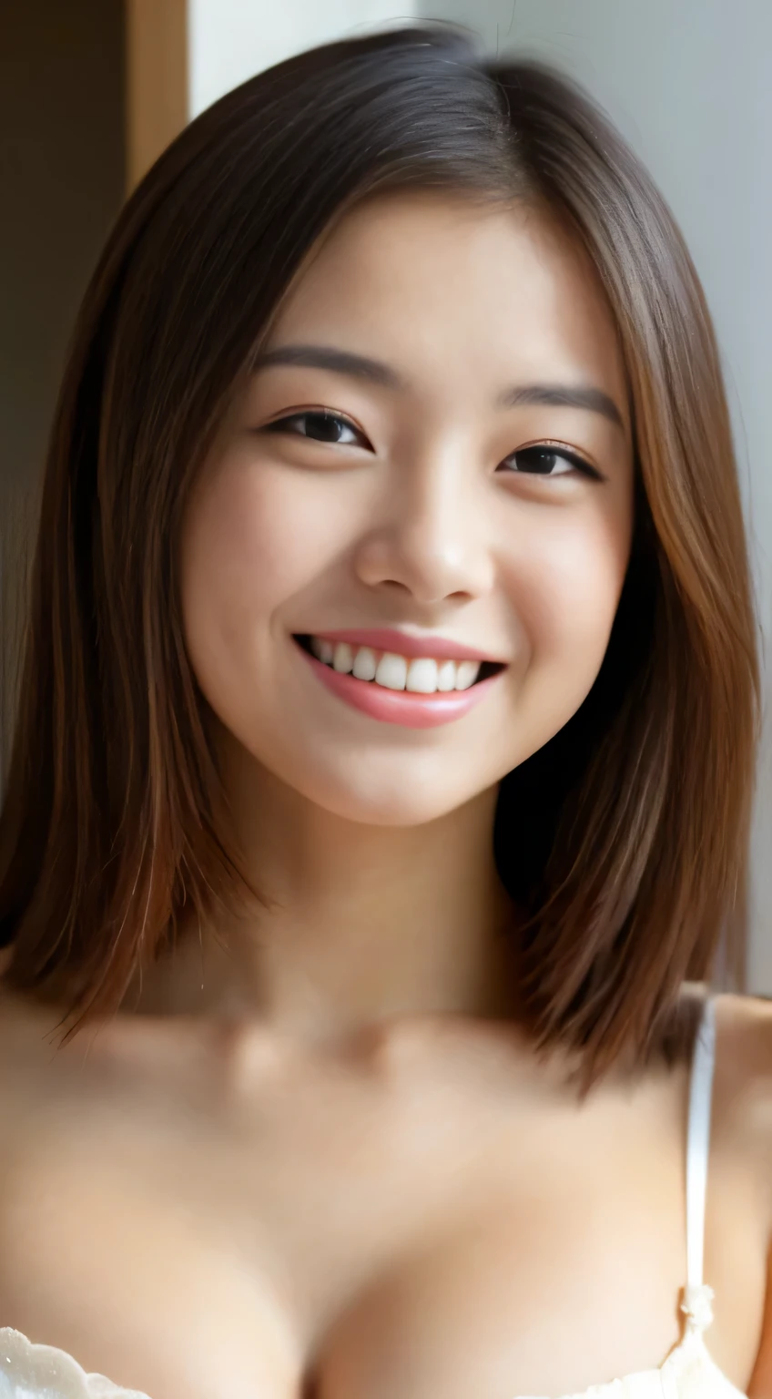 Japanese ),((beautiful girl)),cleavage,An expression that imagines something pleasant:1.2,(perfect body beauty:1.2),((perfect body)),(shy smile),beautiful teeth,