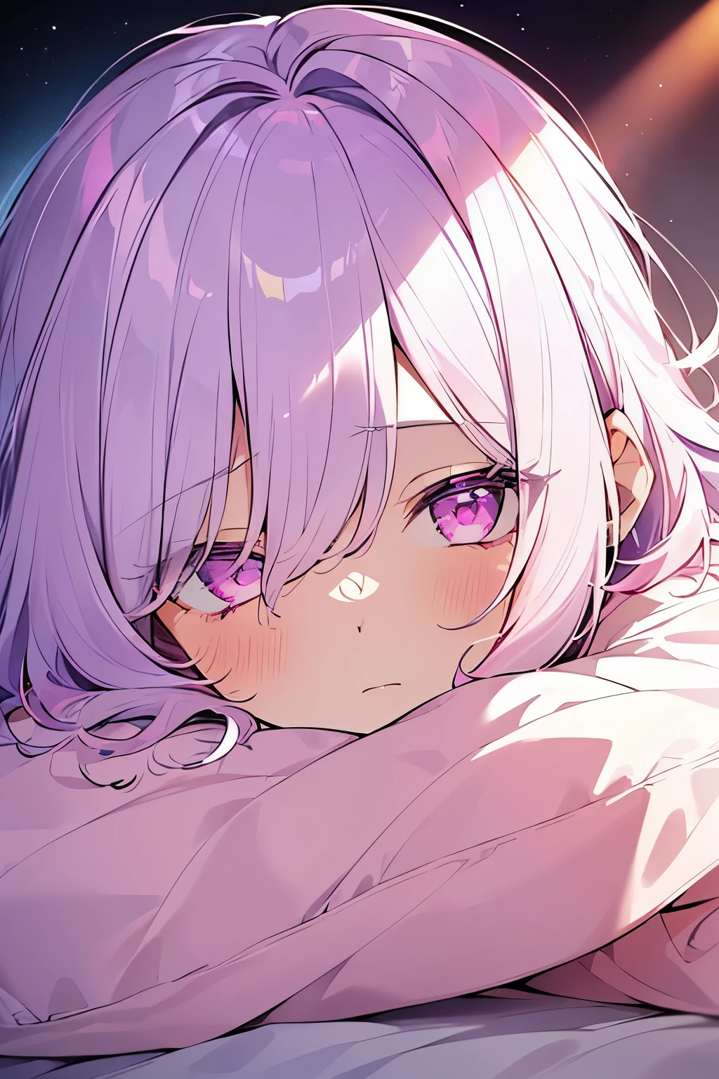 4K quality:1.2, 1girl, catch light, beautiful illustration, pajamas, sleepy:1.2,((half closed eyes:1.2)), ((light purple hair, light pink inner hair, medium hair style:1.2)) ,(((super beautiful pink eyes)))