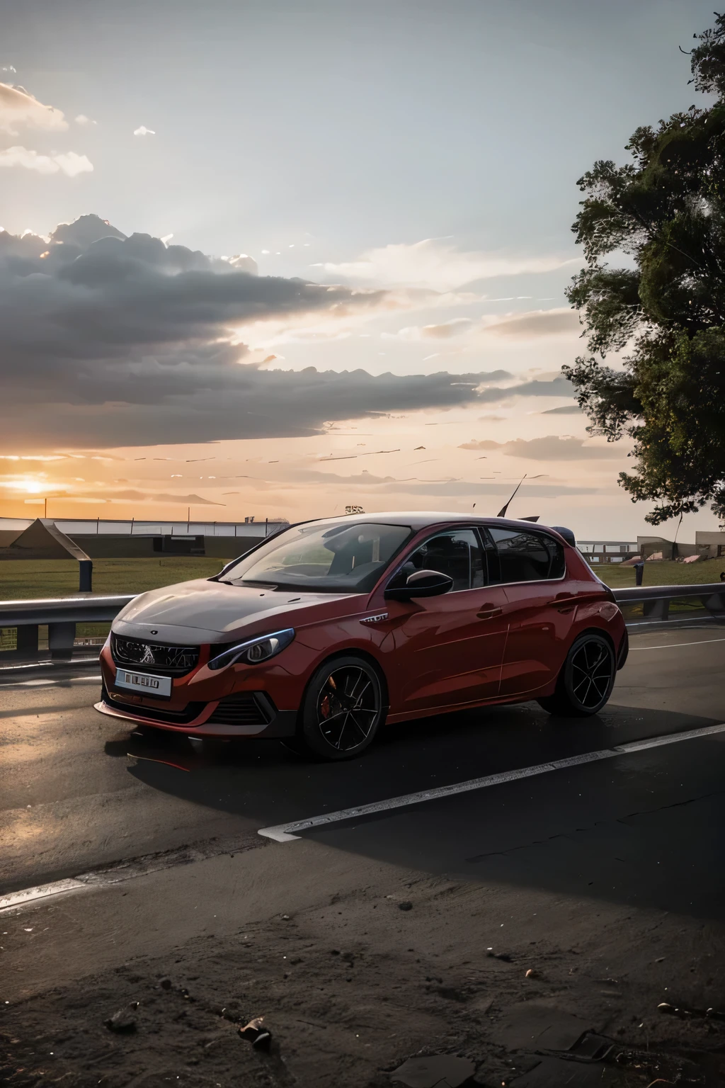 crie uma imagem do Peugeot 308 GTI estilo de corrida estacionado em uma pista de corrida  com o por do sol ao fundo 