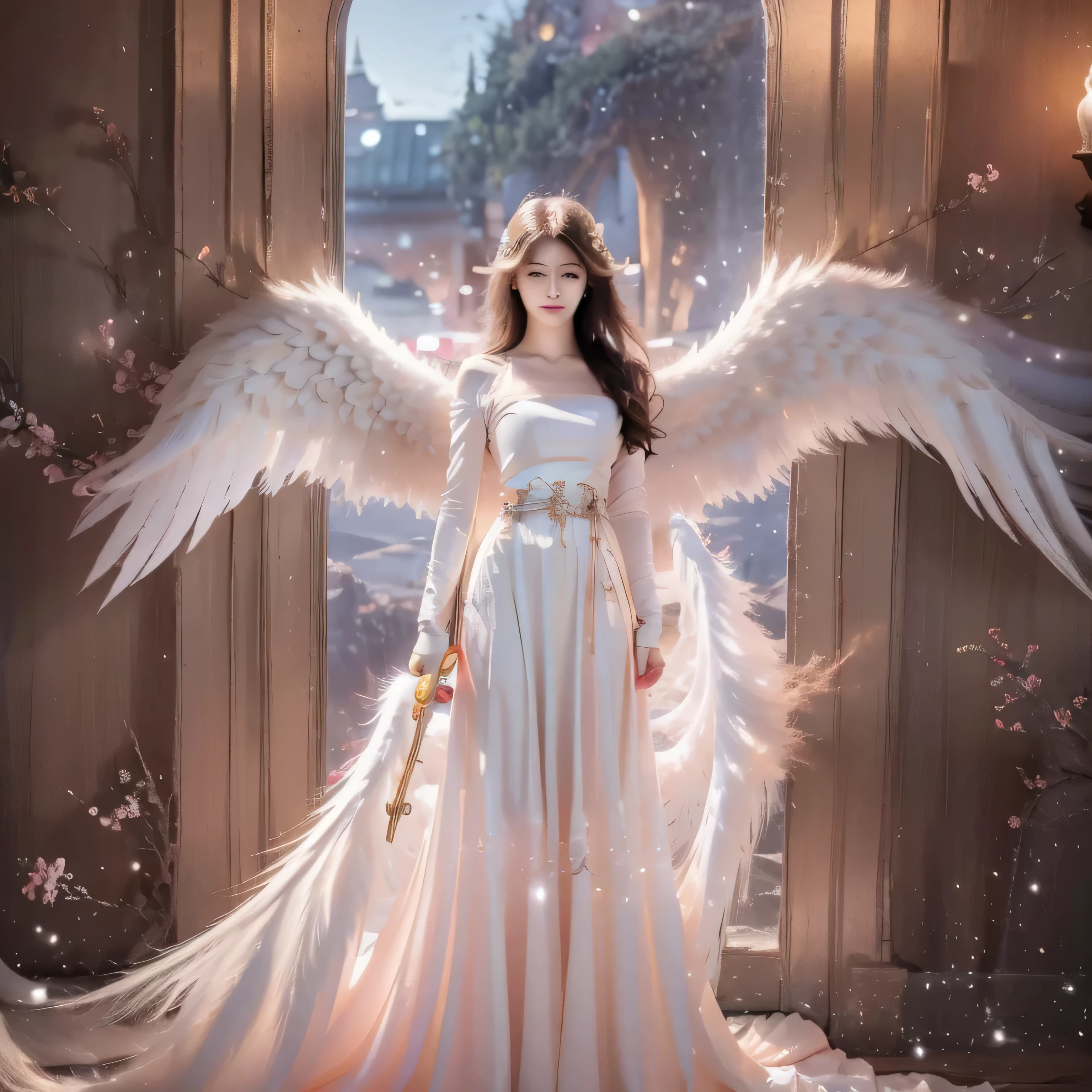 
Cartoon image of woman holding sword and wings in hand，angelic，Goddess of Light, angel knight girl，archangel, mystical valkyrie，Seraphim, dawn light angel，anime women，8k，best quality