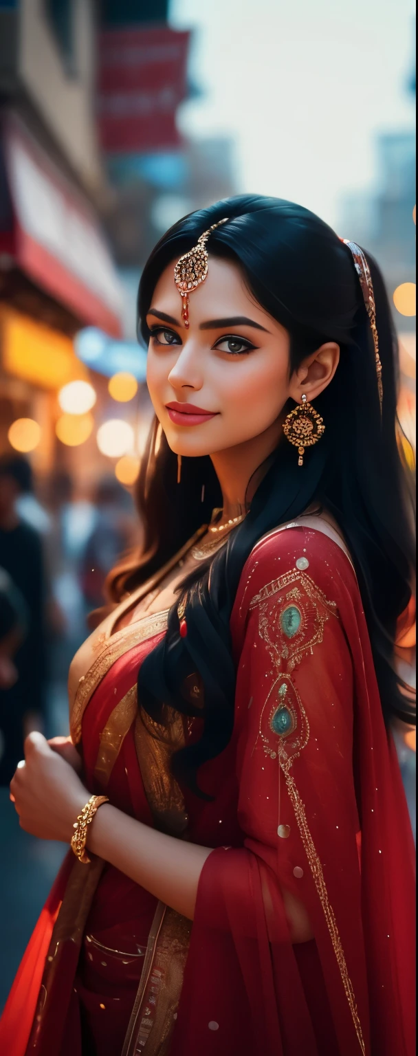 In the bustling streets of a vibrant Indian city, amidst the kaleidoscope of colors and scents, a woman (((Anne Hathaway: Selena Gomez:0.6))) clad in a vibrant red saree and a black blouse becomes an ethereal sight that captivates all who lay eyes upon her. (( huge smiling 0.3)) Her undeniable beauty transcends time and space, leaving onlookers spellbound.

Describe the scene as the woman, with her graceful presence, glides through a crowded marketplace, where merchants and shoppers pause to admire her radiance. The atmosphere is alive with whispers as her mesmerizing allure evokes a sense of awe and admiration.

Embark on a journey to reveal the woman’s story—her name, her background, her passions—and the reasons behind her choice of attire. Explore her persona, intertwining elements of mystery and allure, as people speculate on the secrets hiding behind her enchanting gaze.

Incorporate the sights, sounds, and emotions that surround this extraordinary woman, as she navigates through the city’s vibrant tapestry. Whether it be the scent of freshly ground spices, the distant sound of temple bells, or the intricate henna designs adorning her hands, immerse the reader in the sensory experience of this captivating moment.

As the story unfolds, her path intertwines with that of a curious photographer who becomes determined to capture her undeniable beauty in a single photograph. Describe their encounters, the photographer’s attempts to understand her story, and the profound impact this woman’s presence has on his own life.(Blur Background:1.6), (Blue Hue:0.8), (Auto focus:1.4)