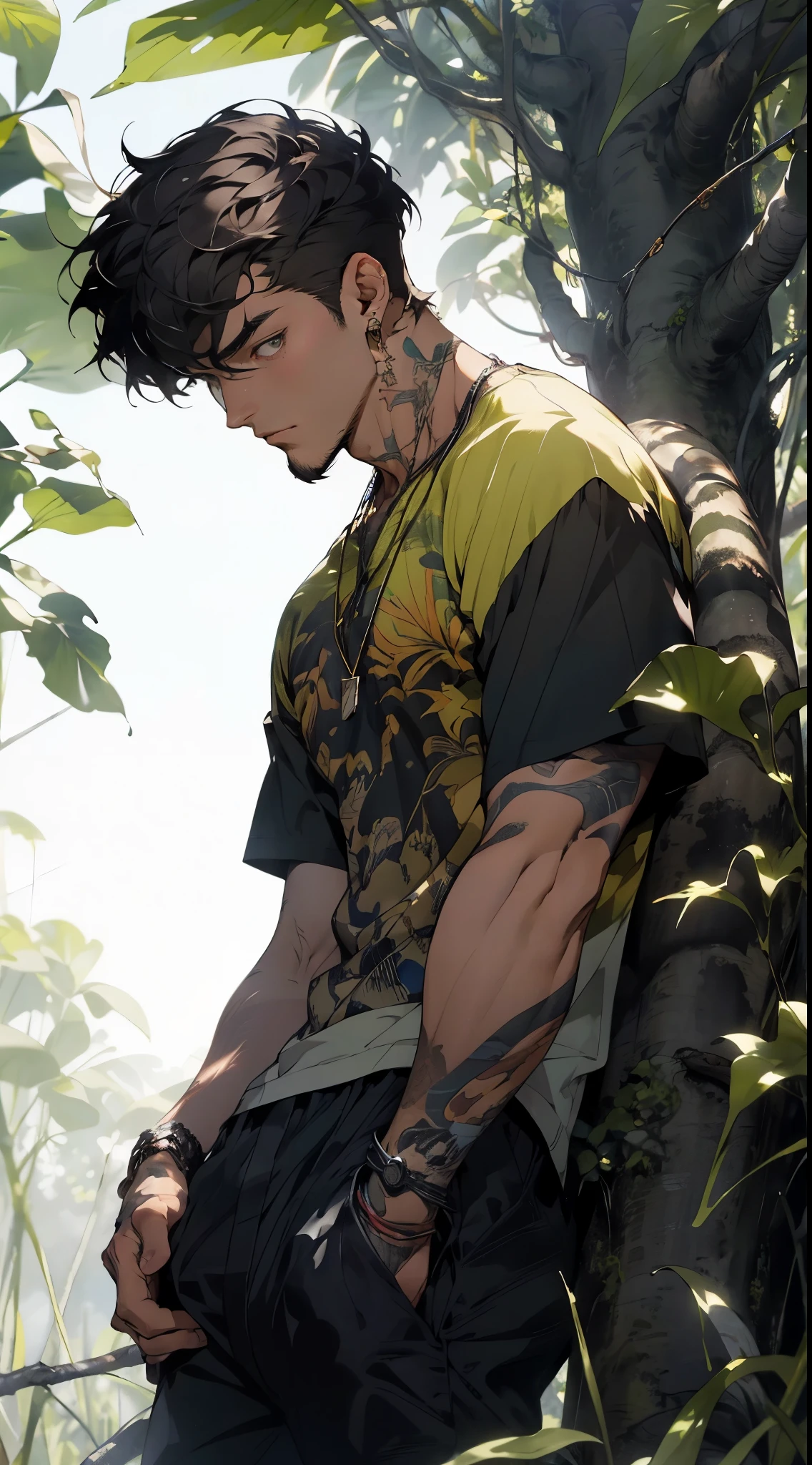 Realistic, (masterpiece, top quality, best quality, official art), very detailed, colorful, most detailed, god, short hair, black hair, handsome man, necklace, short sleeves, jungle