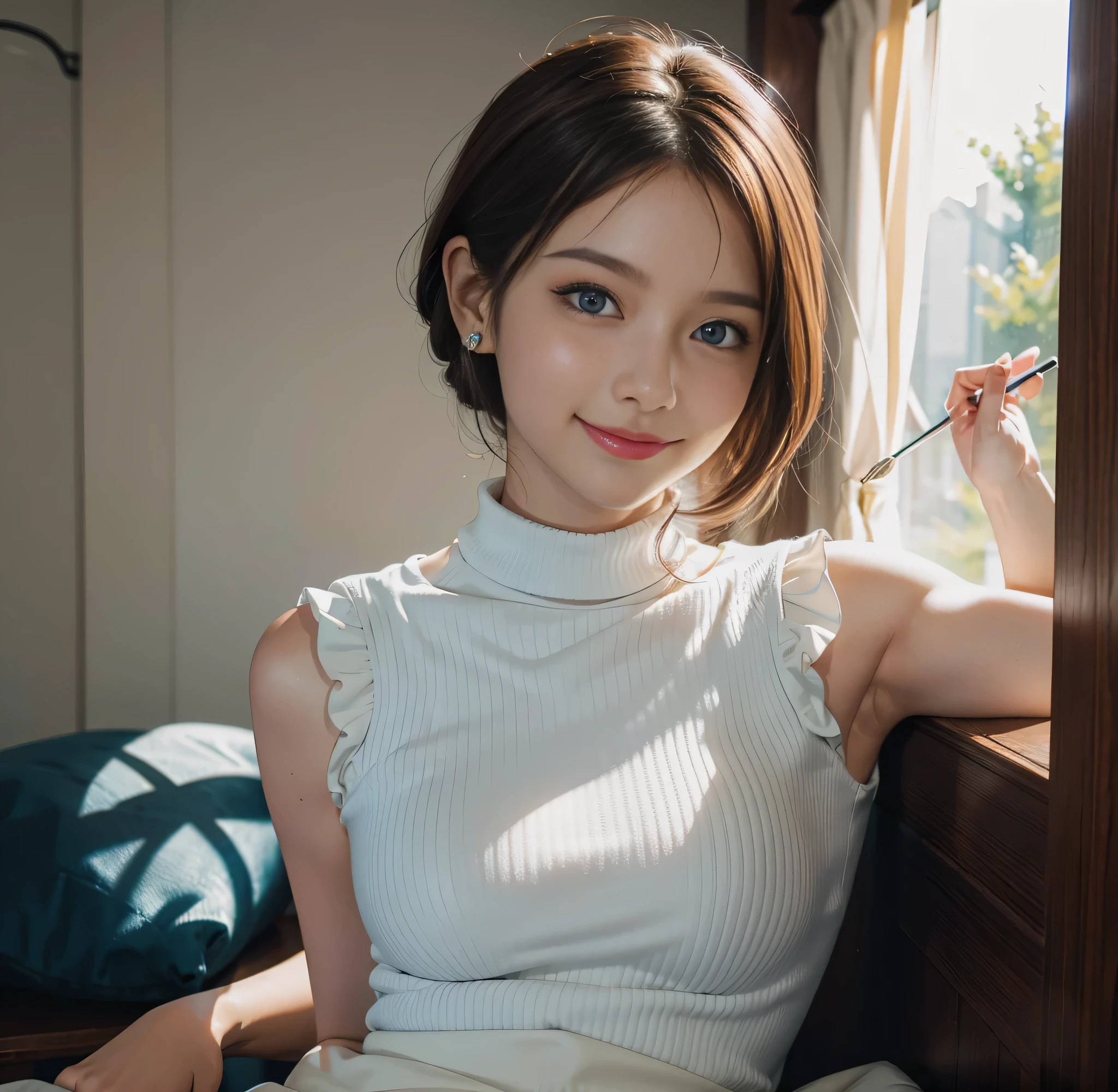 {highest quality}, {8K quality}, masterpiece, (Professional lighting without shadows), (one woman:18-year-old:smile), (perfect body and firm chest:1.3:), {{radiant white skin}}, {{(Bright and beautiful blue eyes with plump tear bags reflect a lot of light......:1.2)}}、 {(She is wearing a bright colored sleeveless turtleneck micro mini dress。.:nipple)}}, (), (turn towards me、Please show me your firm chest through your clothes......:1.2), (from the knees up:1.3), (standing like a model),