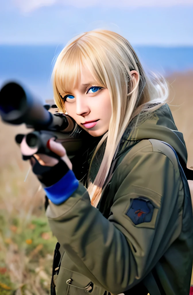 Russian sniper girl with blonde thick long hair and blue eyes