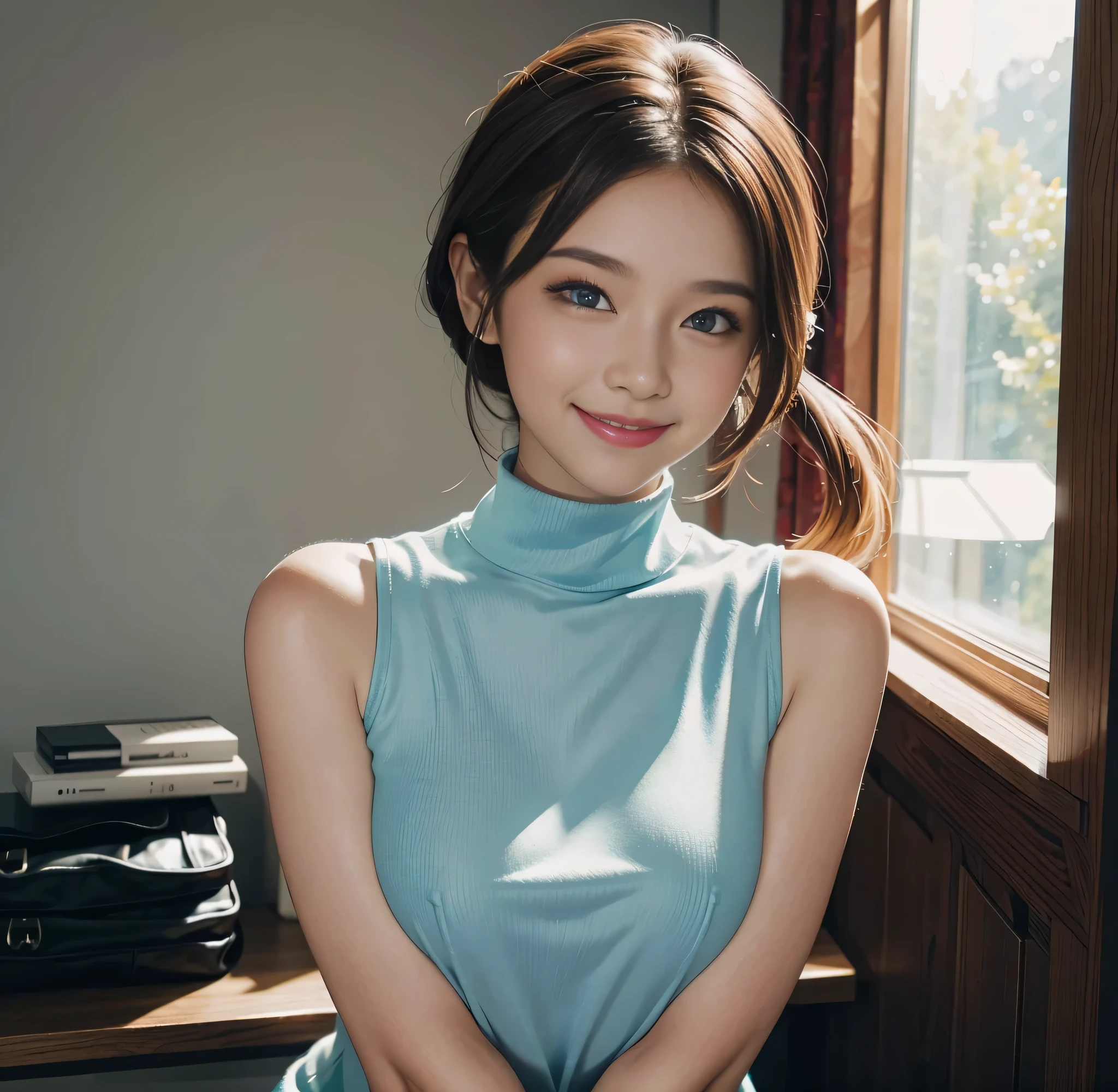 {highest quality}, {8K quality}, masterpiece, (Professional lighting without shadows), (one woman:18-year-old:smile), (perfect body and firm chest:1.3:), {{radiant white skin}}, {{(Bright and beautiful blue eyes with plump tear bags reflect a lot of light......:1.2)}}、 {(She is wearing a bright colored sleeveless turtleneck micro mini dress。.:nipple)}}, (), (turn towards me、Please show me your firm chest through your clothes......:1.2), (from the knees up:1.3), (standing like a model),