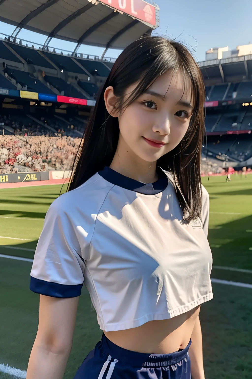 Candid photo of japanese girl, wearing nothing, crop top, with captivating
eyes, smiling amidst a bustling city, upper body
framing, in a stadium, golden hour
lighting:1.3), shot at eye level, on a Fujifilm X-T4
with a 50mm lens, in the style of Alfred Stieglitz