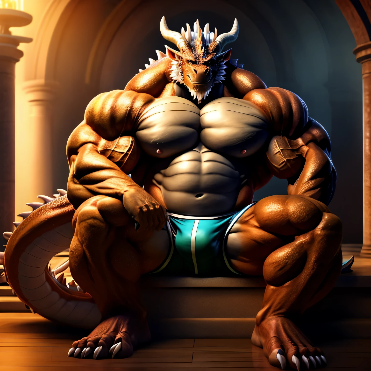kaido, dragon king, male dragon, eastern dragon, very big muscles, hulking, bodybuilder, extremely strong, big abdominal muscles, hefty musclegut, pecs, feet, claw, full body, swim briefs, one piece, HDR, nipples
