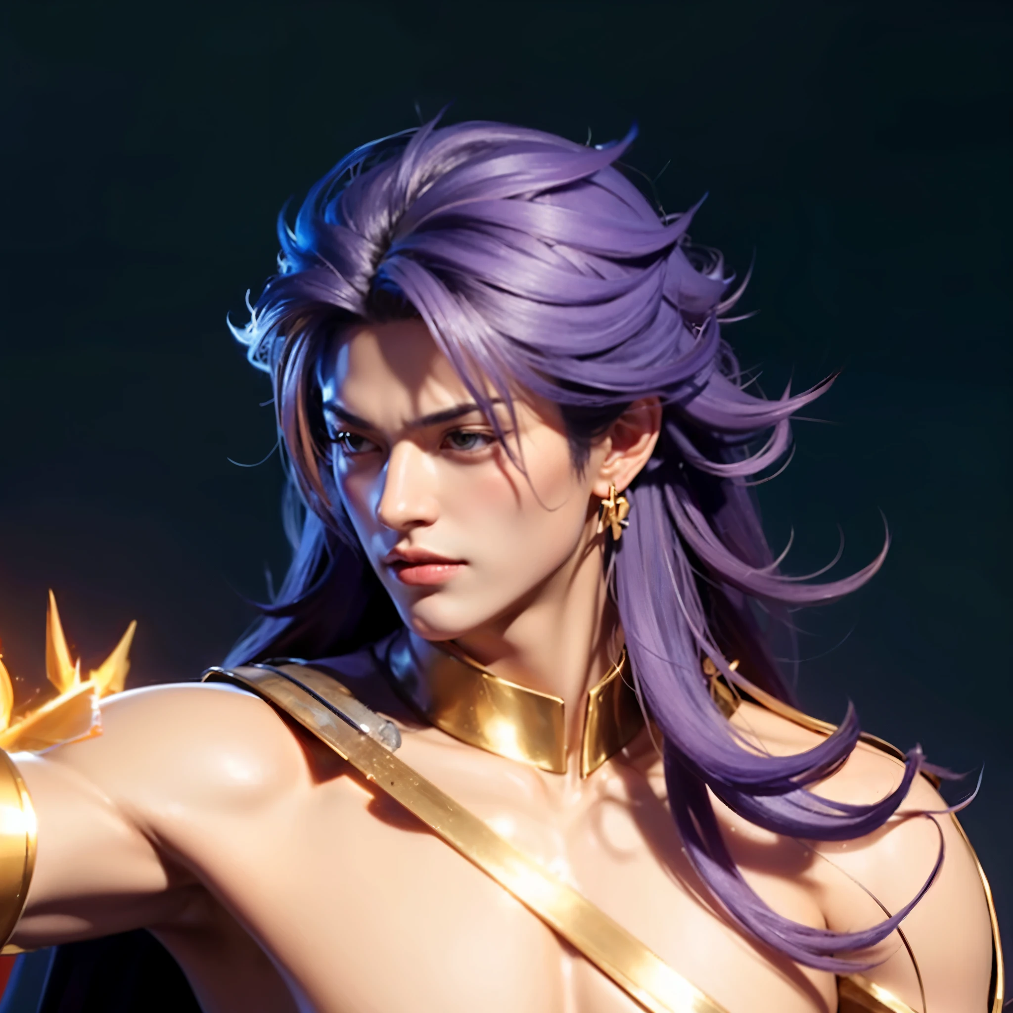 (masterpiece),((ultra-detailed)), (highly detailed CG illustration),(expressionless), (best quality:1.2),Number 1 handsome guy in the world, handsome Asian guy,bright, solo, long hair, simple background, gloves, 1boy, hair between eyes, jewelry, yellow eyes, purple hair, multicolored hair, male focus, earrings, boots, pants, fingerless gloves, tattoo, arm tattoo, armor, long sleeves, coat, bare shoulders, shoes, blue footwear, realistic, (normal background), holding sword, holding weapon, weapon, sword,The shirt between the chest and abdomen was torn, and the clothes were torn,Big muscles and firm 6-pack abs,wielding a sword and spear of golden lightning light,Adult (male) body details, handsome face detailen)